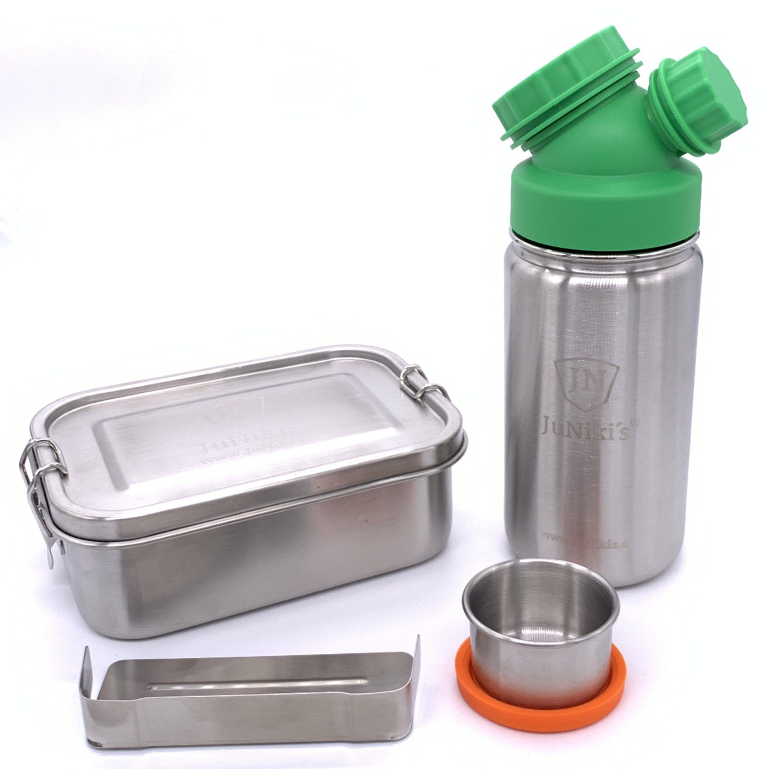 JN JuNiki´s Lunchbox Premium-Einschulungs-Set aus Edelstahl, Hochwertiges 18/8 Edelstahl, (8-tlg), Lunchbox und einzigartige isolierte Trinkflasche mit Double Neck® Deckel, auslaufsicher auch bei Kohlensäure - Im Set zum Vorteilspreis