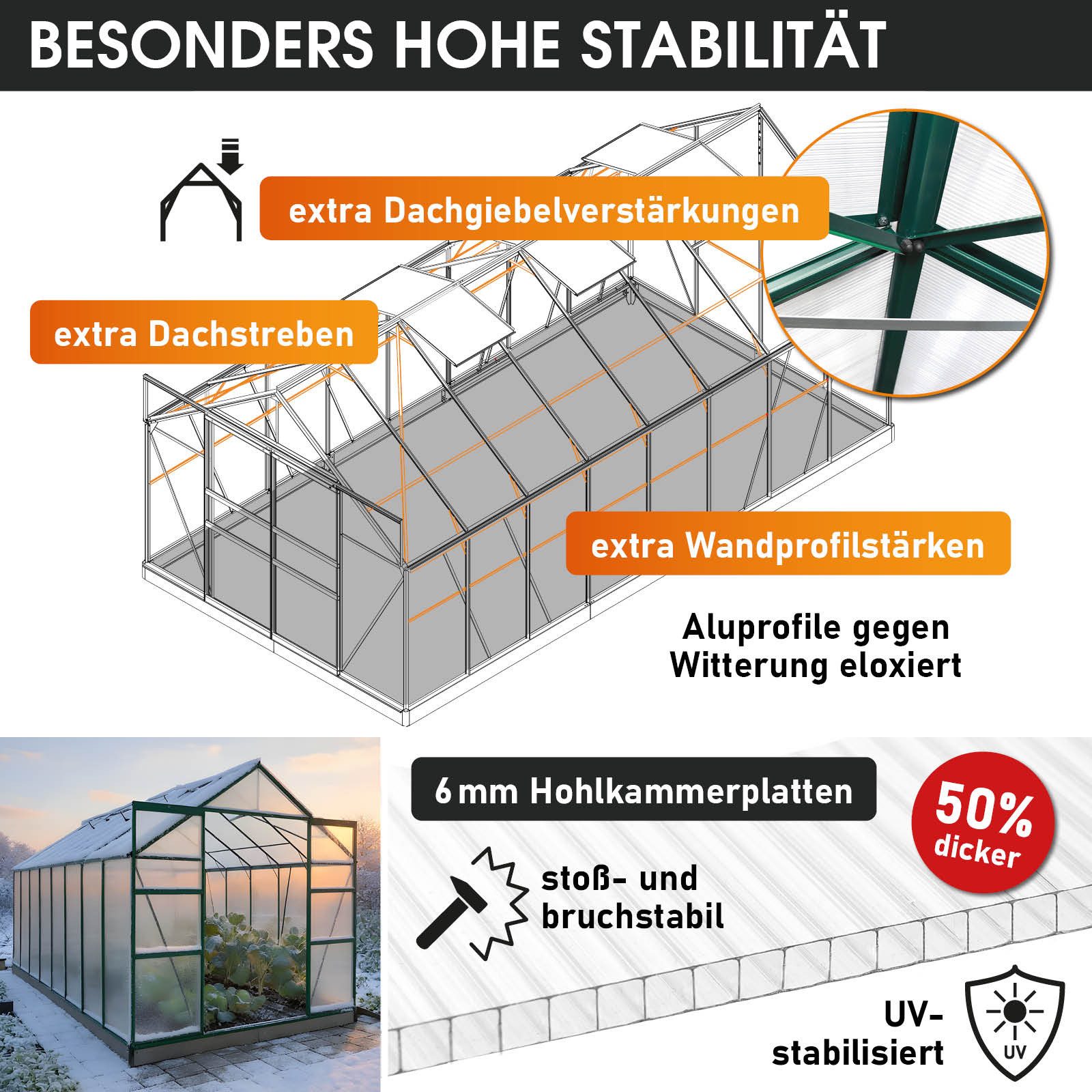 BRAST Gewächshaus ALU mit Fundament rostfrei 490x250x235cm TÜV geprüft, BxTxH: 250 x 490 x 235 cm, wetterfestes hochwertiges Aluminium, Temperaturbeständig, Wärmedämmend, Lichtbrechend & UV-stabilisiert