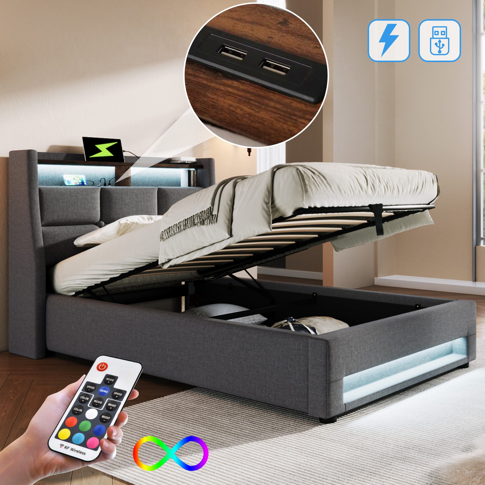 STILVORA Polsterbett Stauraumbett 90x200cm mit USB günstig online kaufen