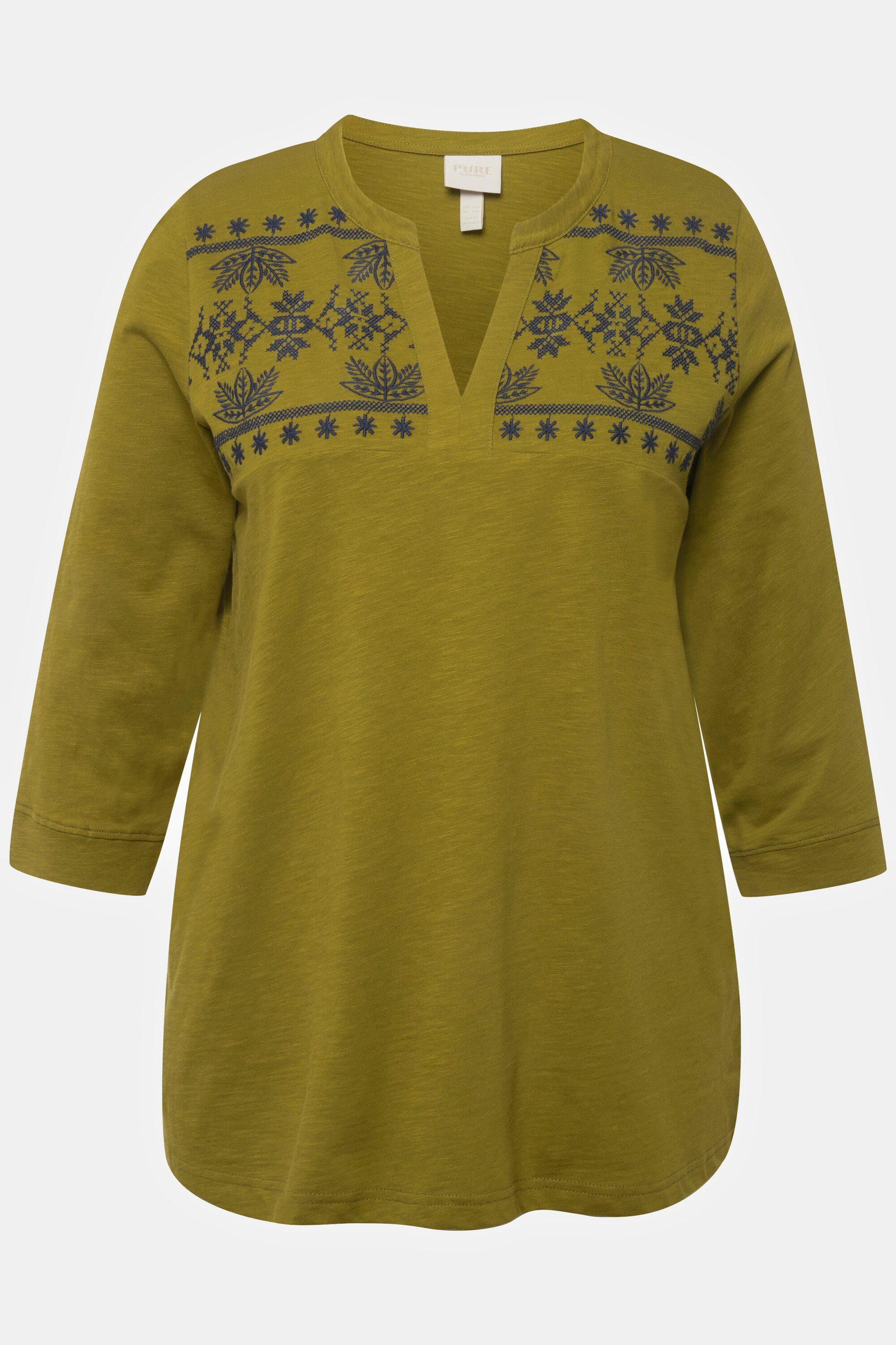 Popken Tunika-Ausschnitt Ulla A-Linie Rundhalsshirt Shirt 3/4-Arm gelbgrün