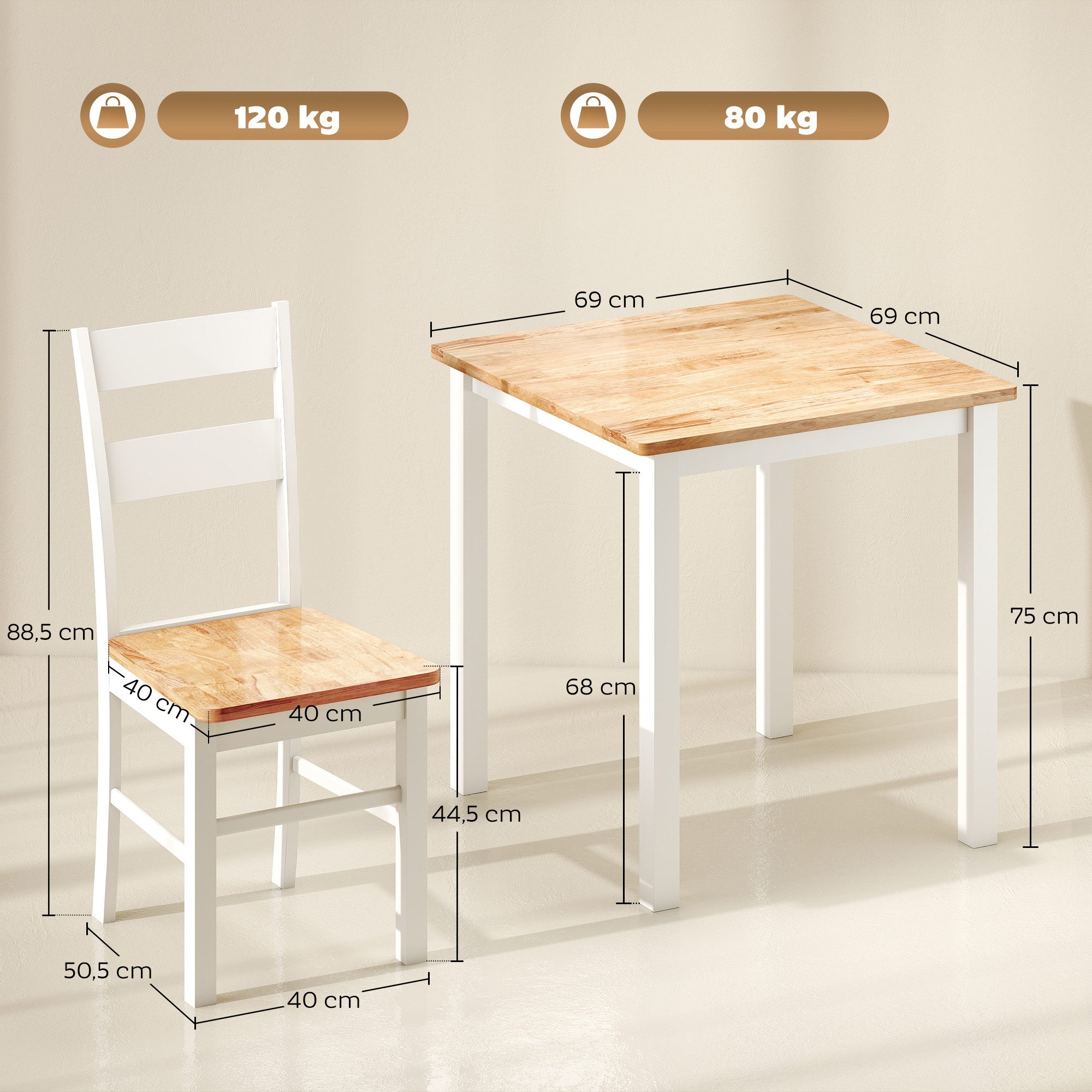 HOMCOM Esstisch für 2-4 Personen, mit Rückenlehne (Esstisch-Essstuhl-Set, 3-St., Küchentisch), aus Holz, für kleine Raum, Küche, Esszimmer Eiche