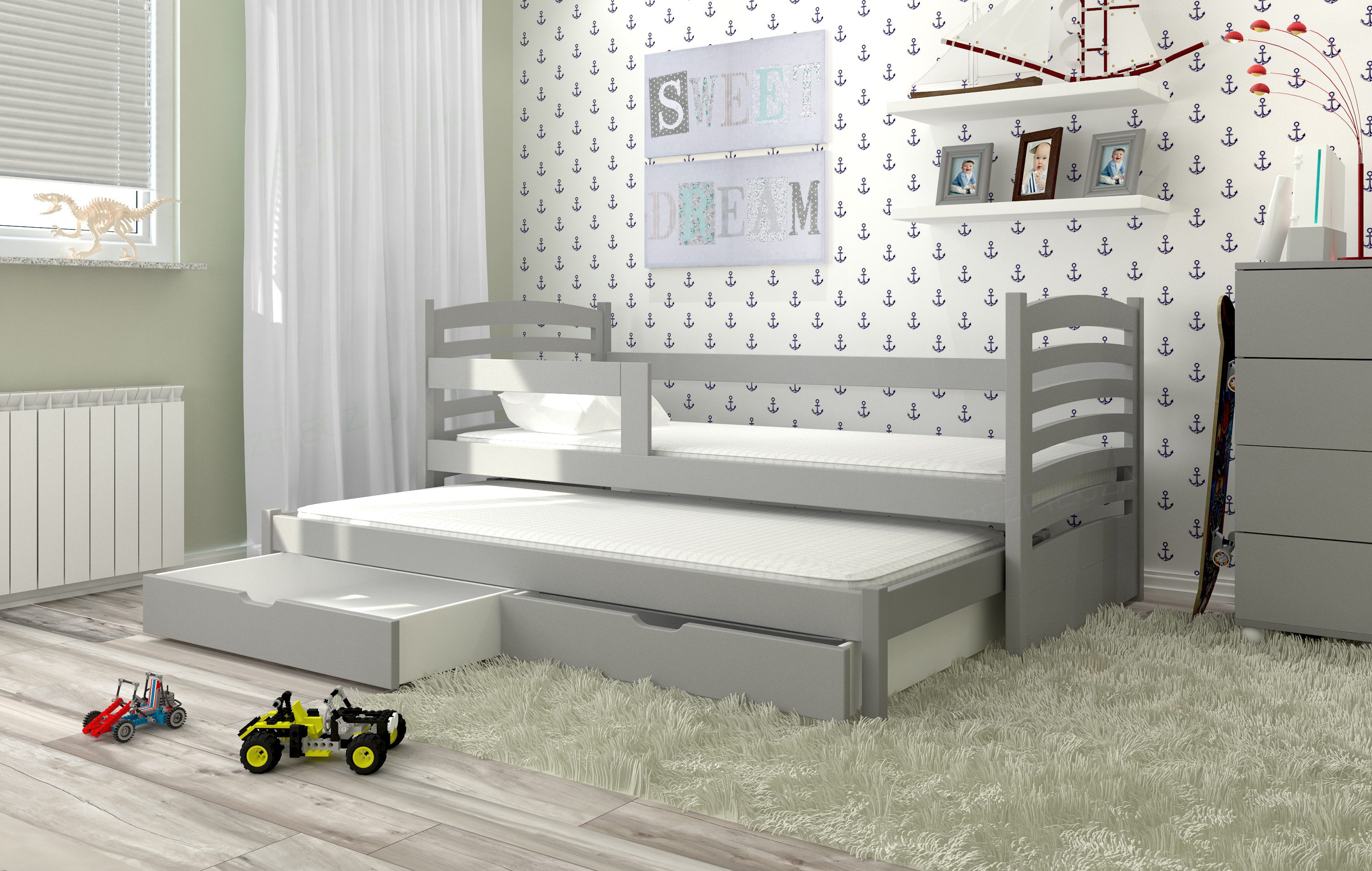 Jugendbett Kinderbett mit abnehmbaren Rausfallschutz und zwei Schubladen 80x180cm