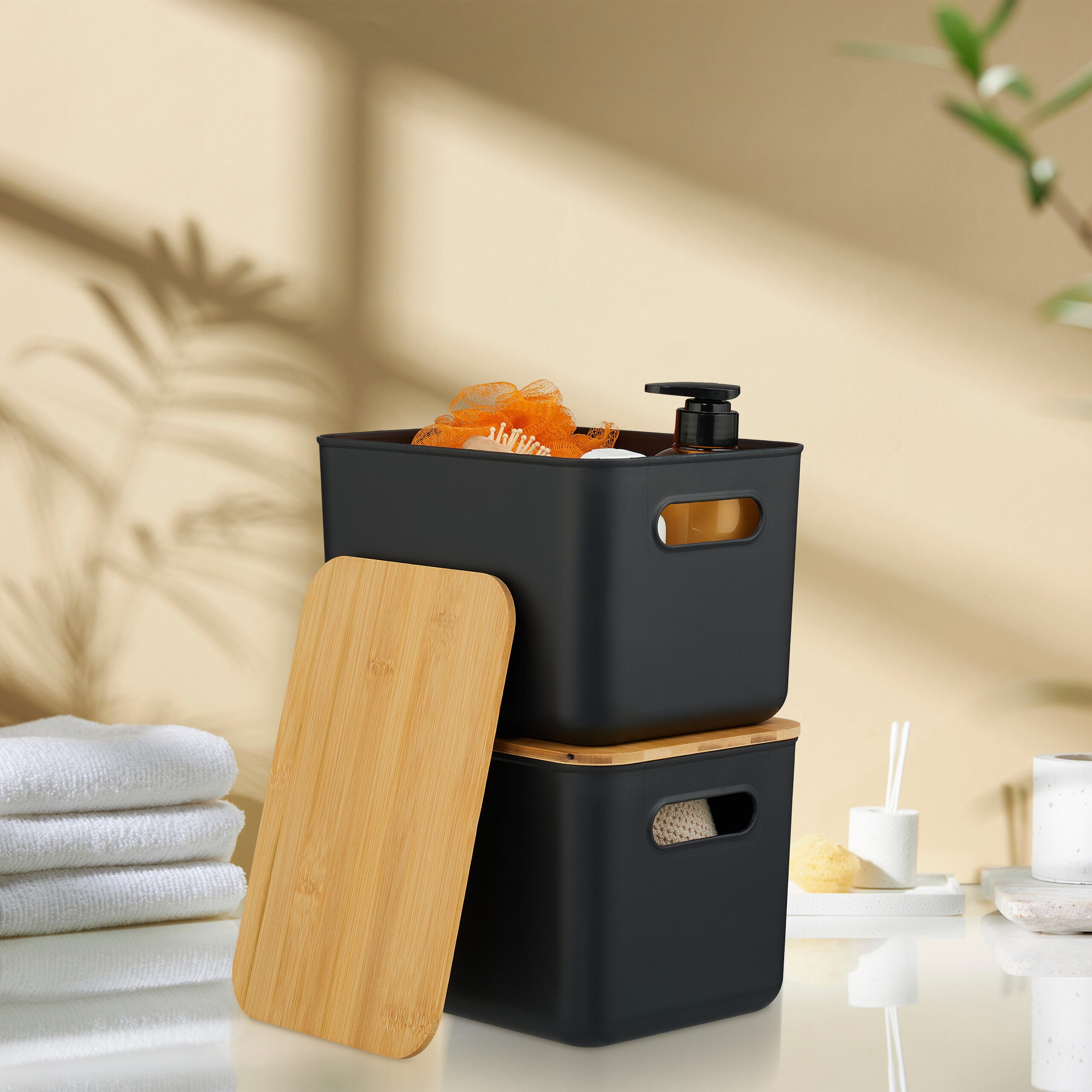 relaxdays Aufbewahrungsbox mit Deckel 2er Set (2er Set), schwarz günstig online kaufen