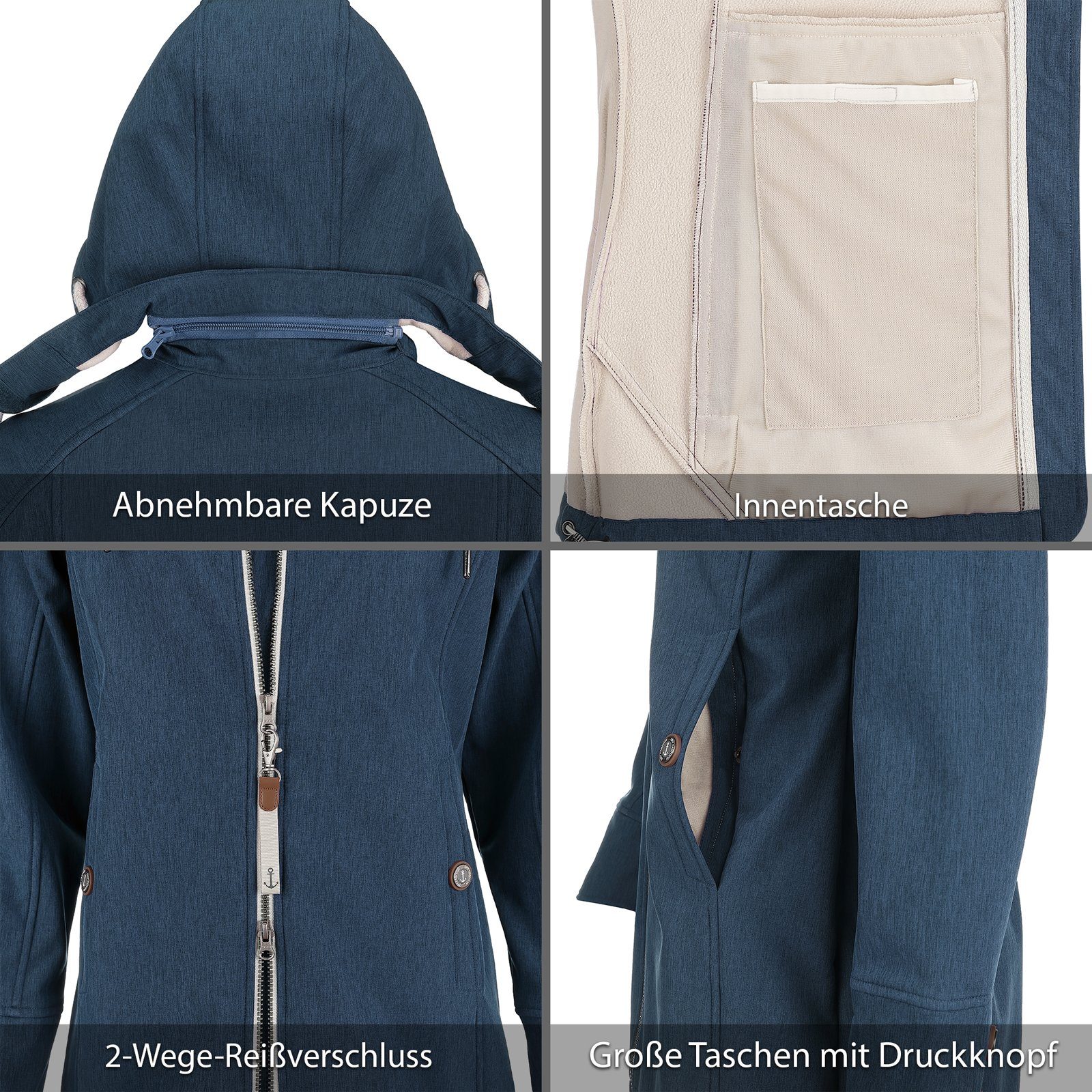 Sellin Meliert Dry Softshelljacke Fashion Damen Kapuze navy und Softshell Mantel mit Fleece-Futter