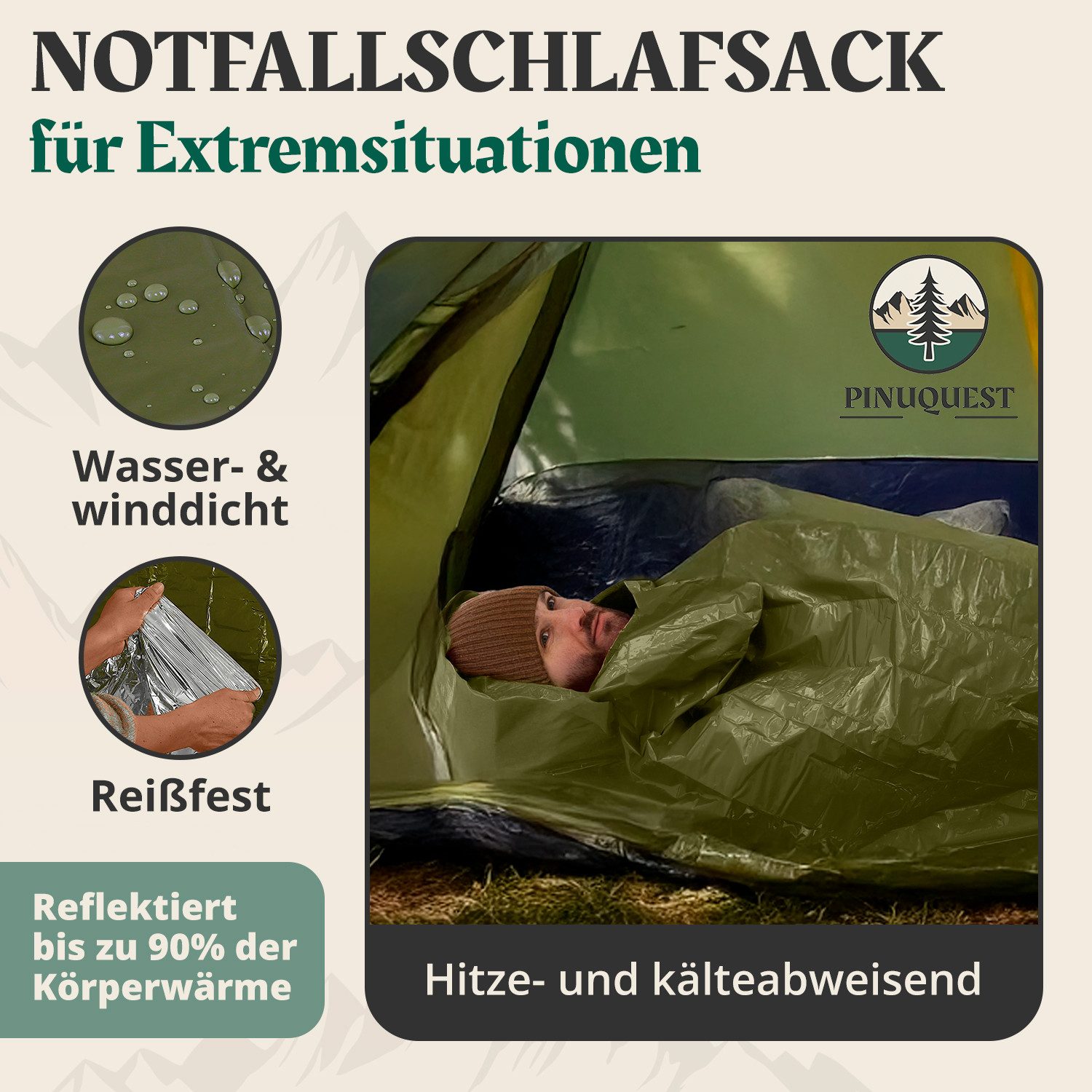 PINUQUEST Biwaksack Notfallschlafsack (2 tlg), Rettungsdecke Notfall-Biwaksack Survival Notbiwak, grün, 2 Stück