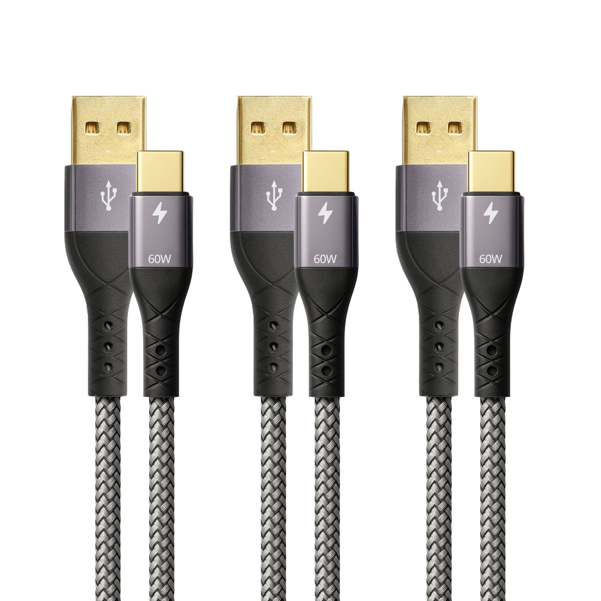 ProfiPatch ProfiPatch USB A / USB C Kabelset 60W 3A 3x2m grau Goldkontakt Textil USB-Kabel