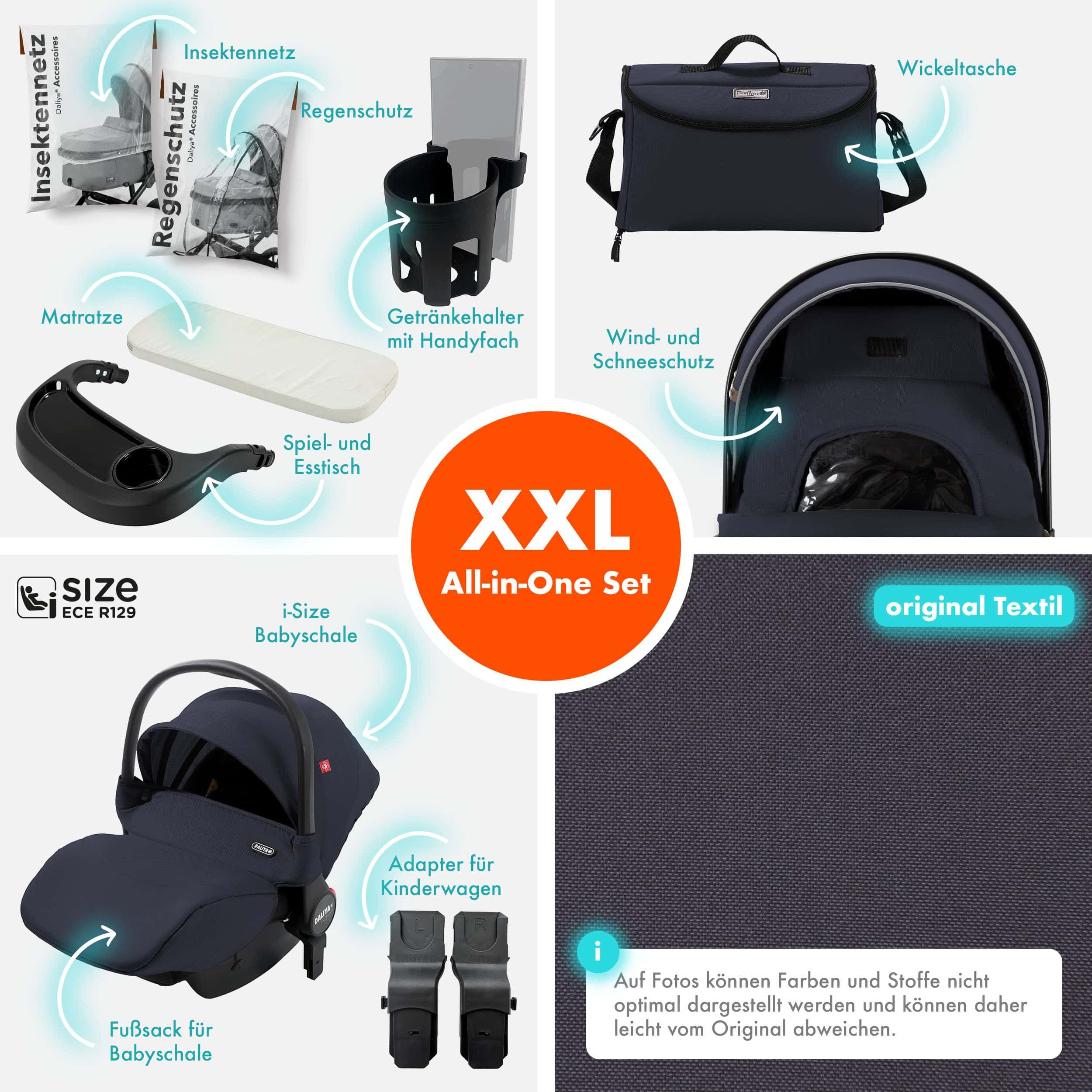 Daliya® Kombi-Kinderwagen FLEXI-PRO M 3in1 Kinderwagen & Buggy, Reisekinderwagen, XXL Set, (XXL-Set mit i-Size Babyschale, 13-tlg), Einhändig abnehmbare Wanne, i-Size Babyschale, Alu-Rahmen, Gummireifen