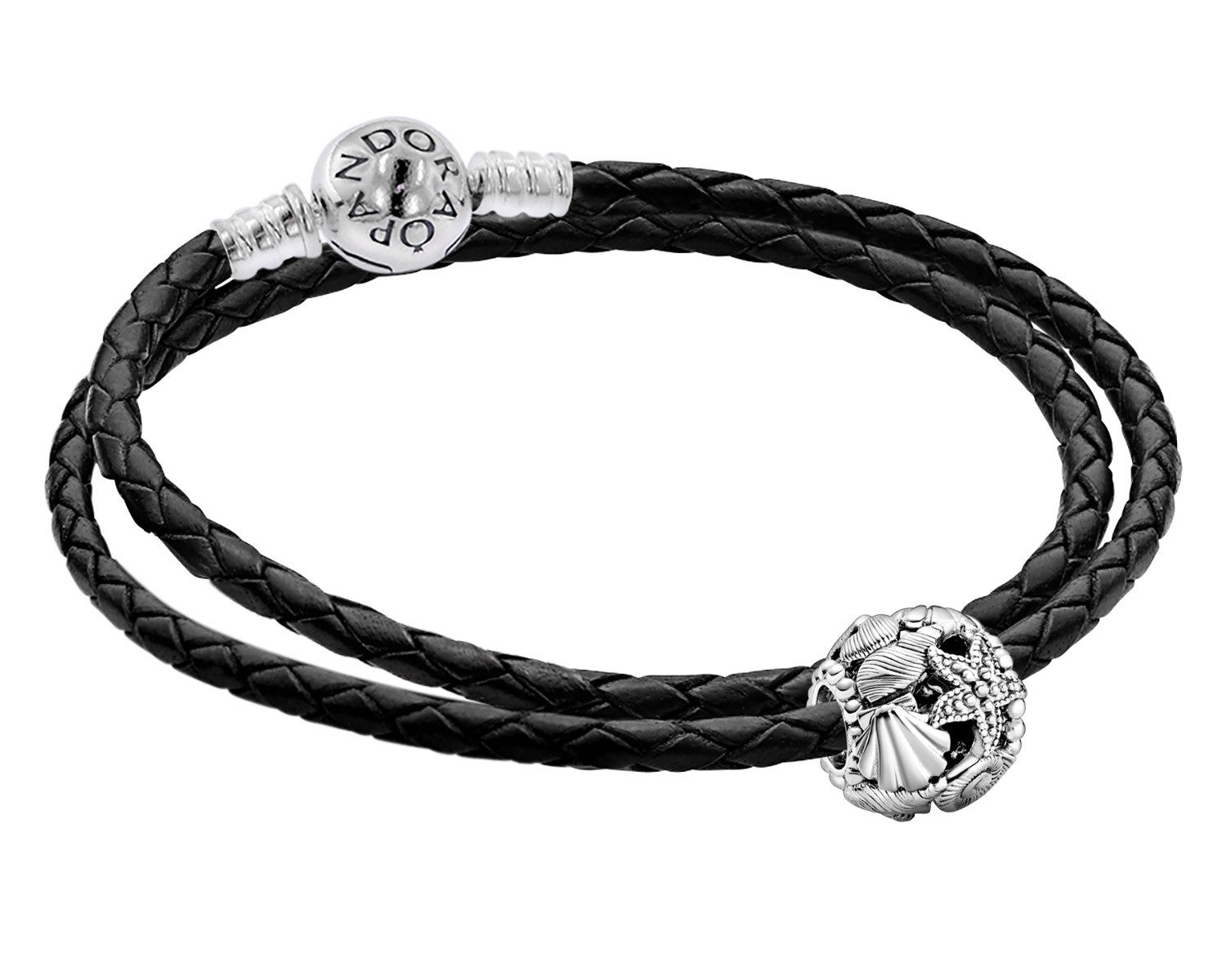Pandora Silberarmband Damen-LederSet mit Charm Seestern, Muscheln und en