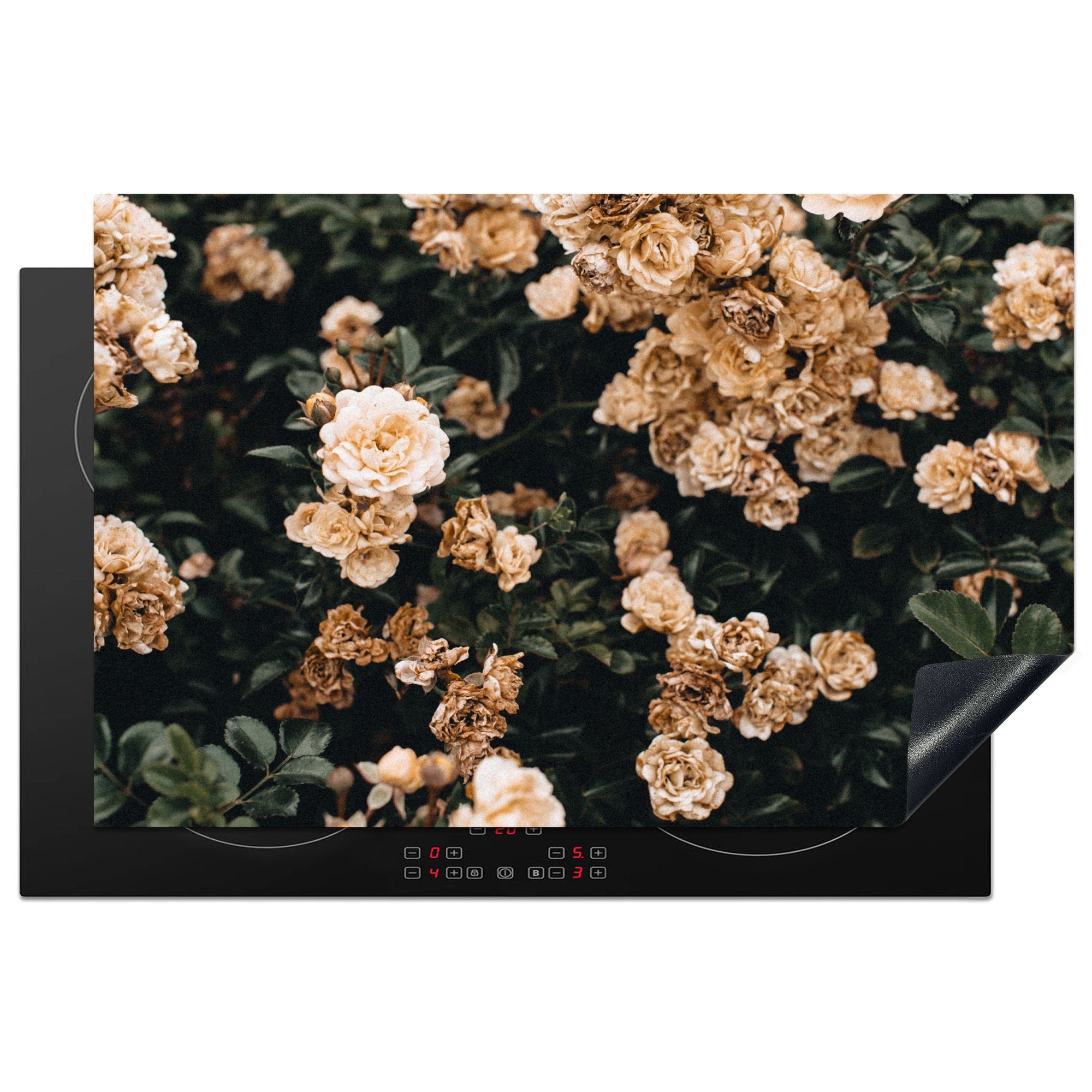 MuchoWow Herdblende-/Abdeckplatte küche, - tlg), für - Induktionskochfeld die Rosenstrauch Ceranfeldabdeckung Blätter, 81x52 cm, Schutz Vinyl, (1 Blumen