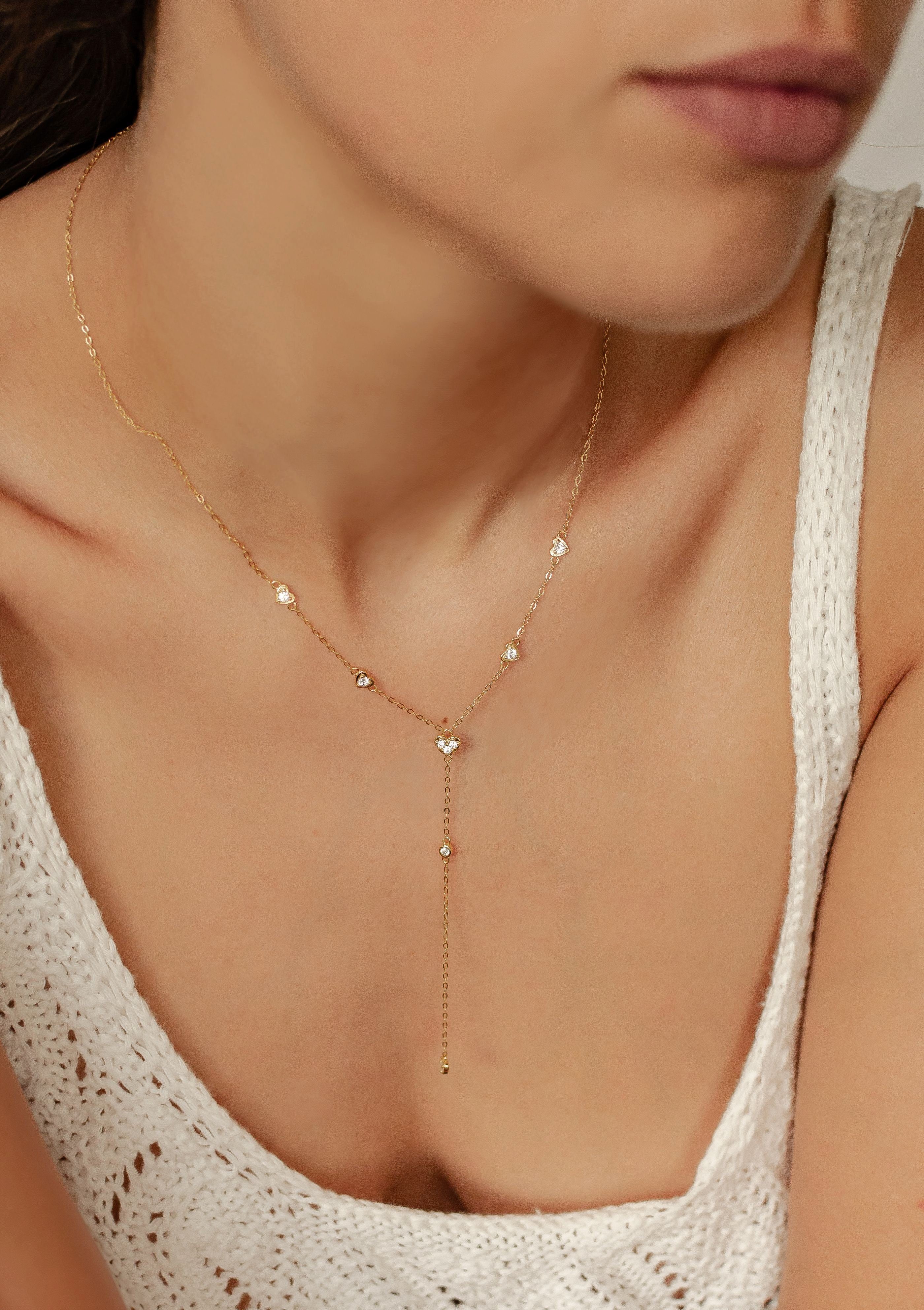 Hey Happiness Y-Kette mit Herzen & Zirkonia, Lasso-Halskette, Vergoldete Y-Kette für Damen, 925 Silber
