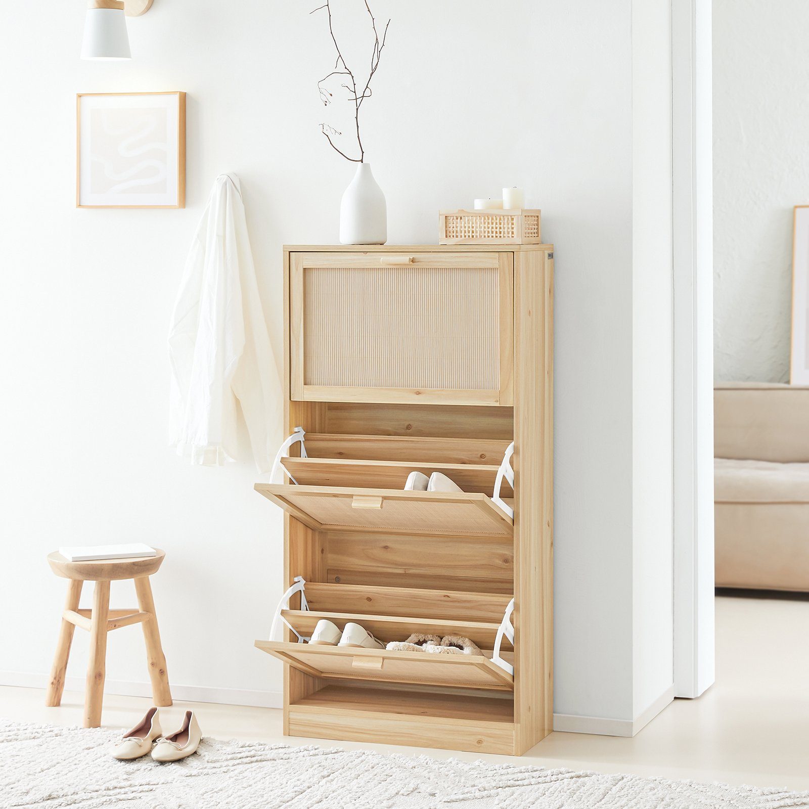 SoBuy Schuhkipper FSR159, Schuhschrank schmal, mit variabel verstellbaren Einlegeböden, Schuhschrank mit 3 Klappen Schuhkommode schmal Schuhregal Schuhablage