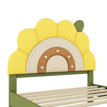 Flieks Polsterbett, Kinderbett Einzelbett 90x200cm mit Sonnenblumenform Kopfteil