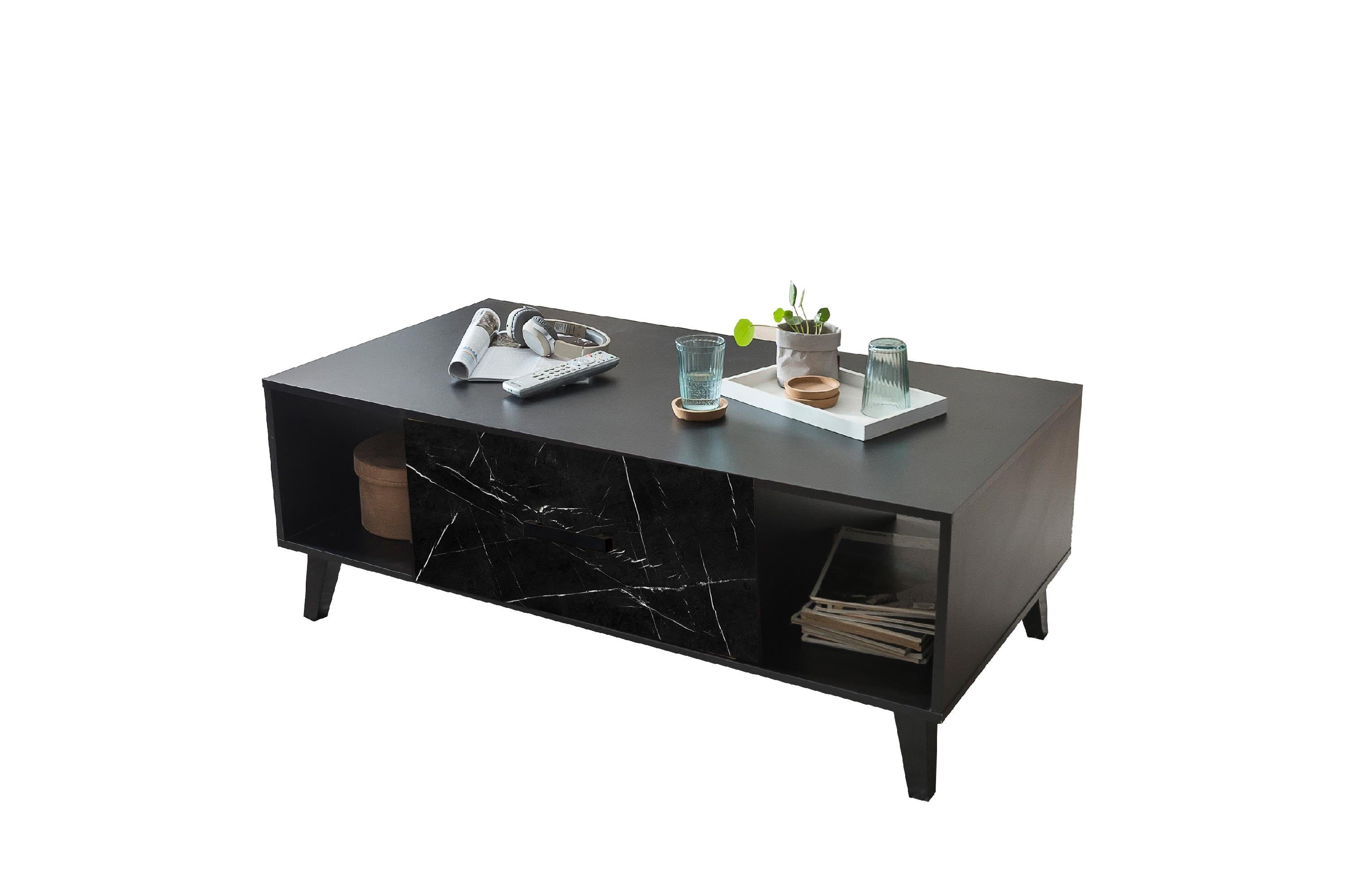 möbelando Couchtisch Fina, Moderner Couchtisch, Schubladen mit Breite in Schwarz, cm cm, 65 Front 1 offenen Schwarz, 125 Marmor Regalfächern, Korpus und Spanplatte, 2 Höhe cm, aus in melaminharzbeschichteter 46,6 Tiefe