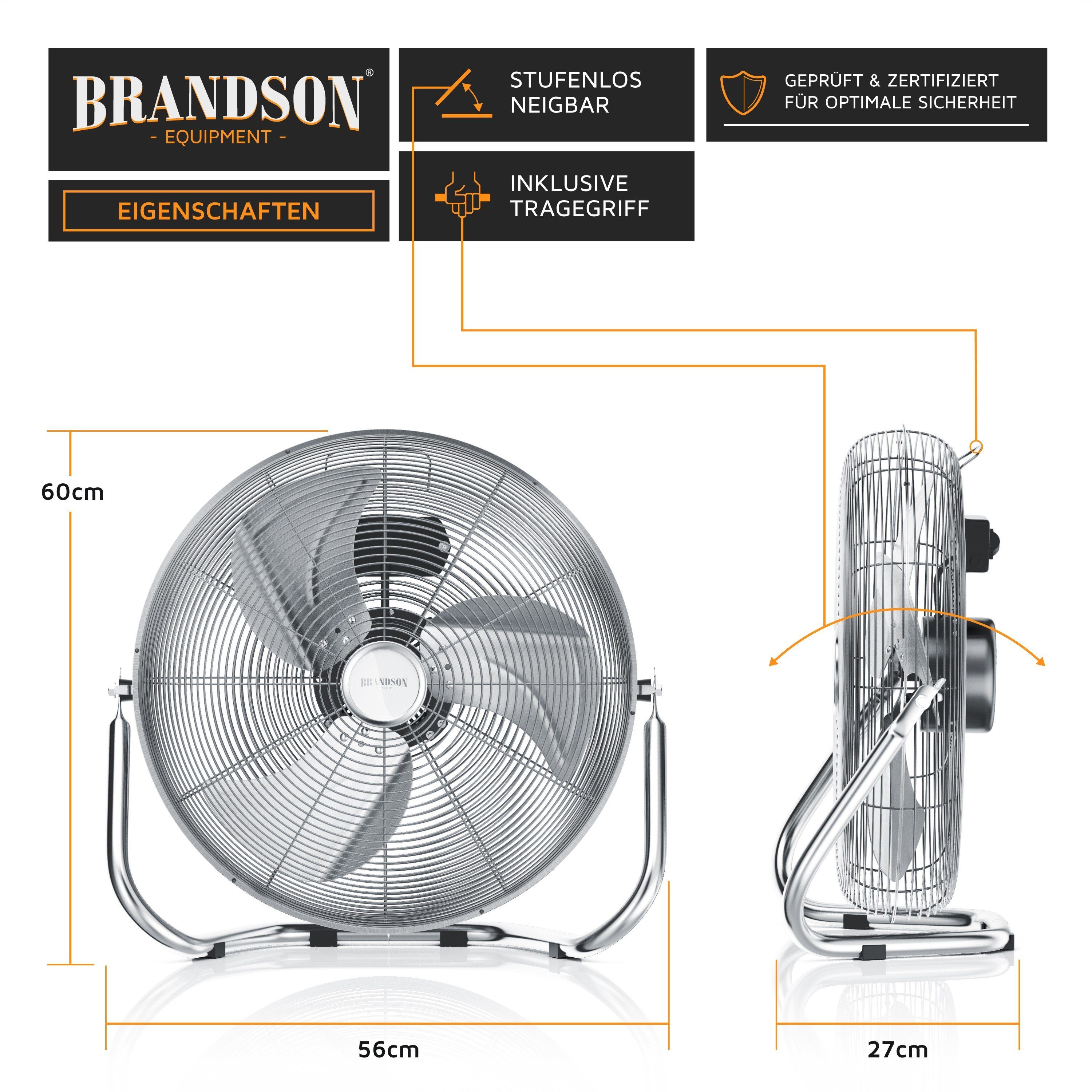 Brandson Windmaschine Chrom Bodenventilator, Retro Stil, hoher Luftdurchsatz, 160W, Silber, 53,5 cm Durchmesser, NTV Sieger 2026, robuster Stand, stufenlos neigbar, GS-Geprüft
