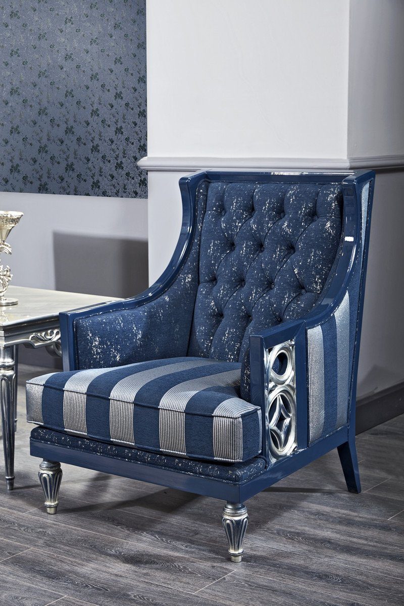 Casa Padrino Chesterfield-Sessel Luxus Barock Chesterfield Wohnzimmer Sessel Blau / Silber gestreift 77 x 76 x H. 100 cm - Barockmöbel