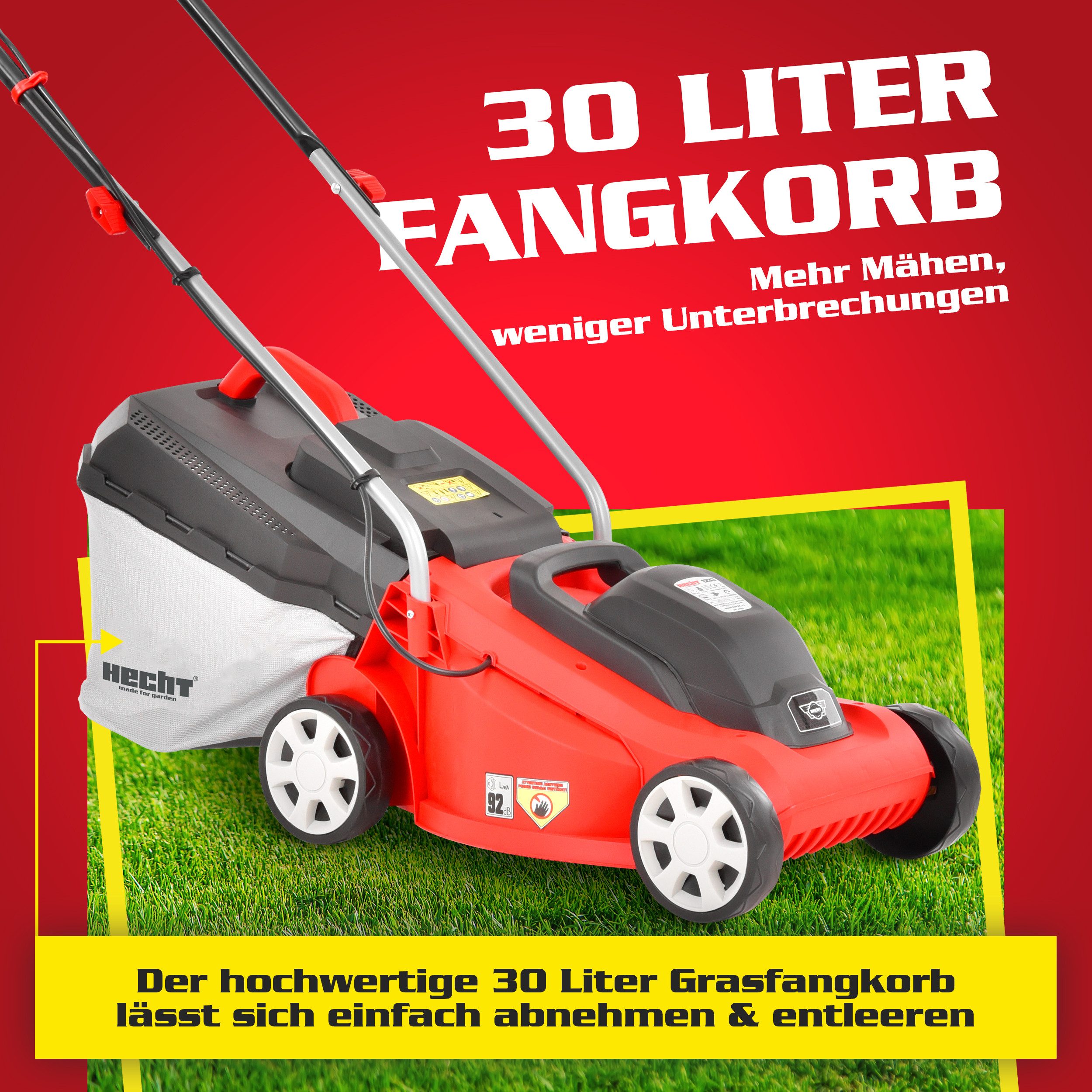 Hecht electric lawnmower 1300W, 30L grass catcher, 3-stage cutting height adjustment 20 – 60 mm, 33 cm cutting width, cable strain relief, carrying handle