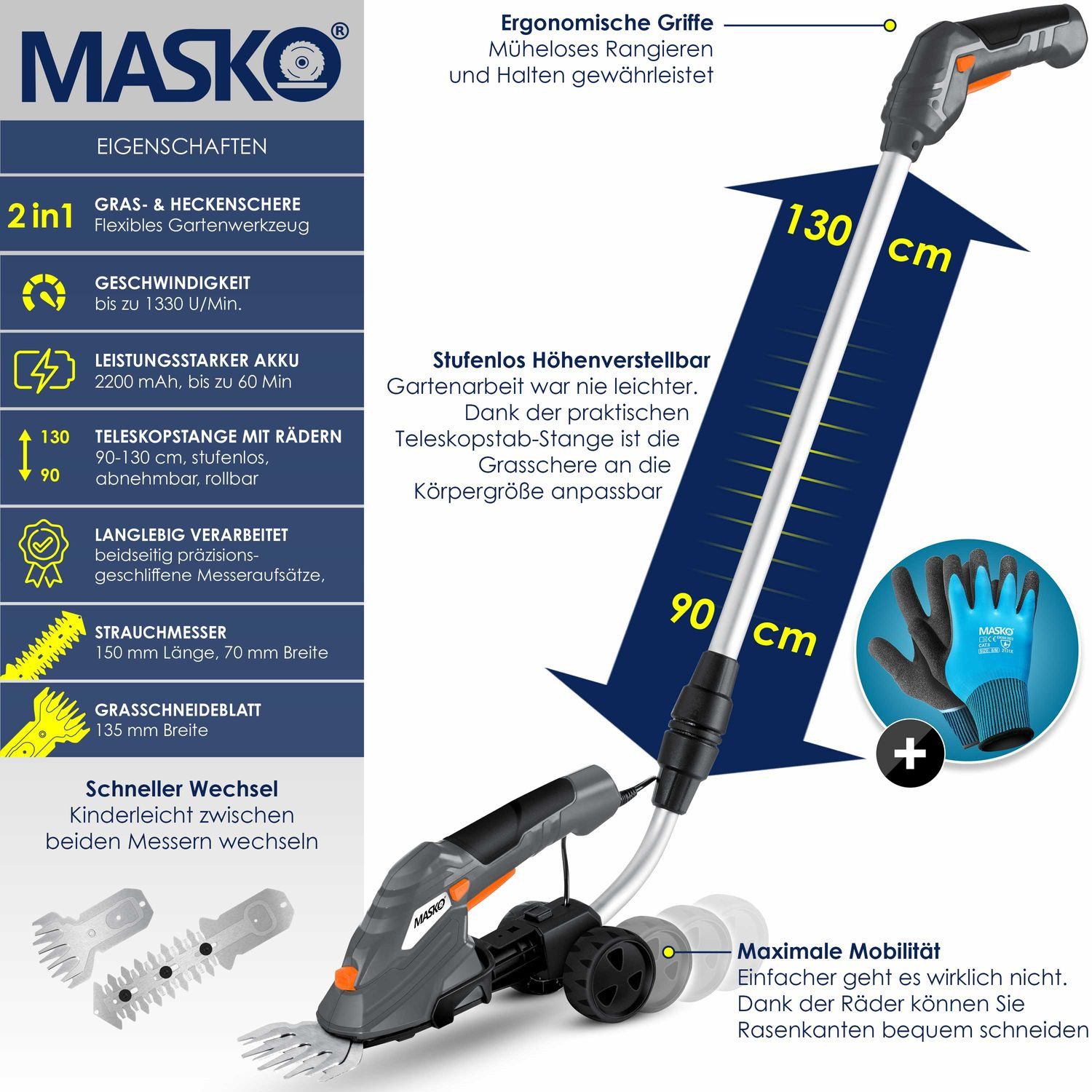 MASKO Akku-Grasschere, (0 St), Grasschere Strauchschere Set mit Akku 7,2V 2000mA/h Ladegerät