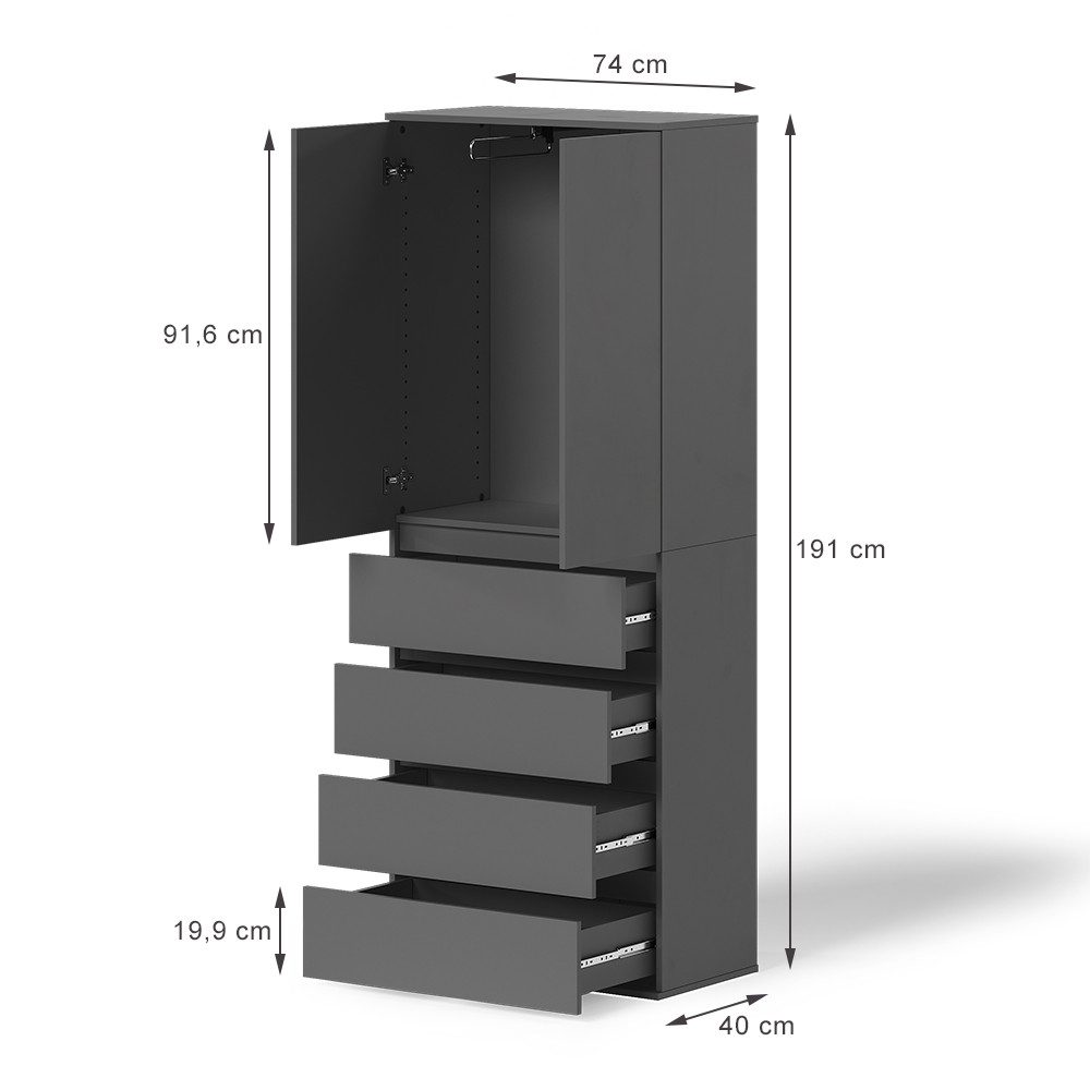 Vicco Kleiderschrank Claus, Anthrazit, 74 x 191.5 cm mit 4 Schubladen (1-St)