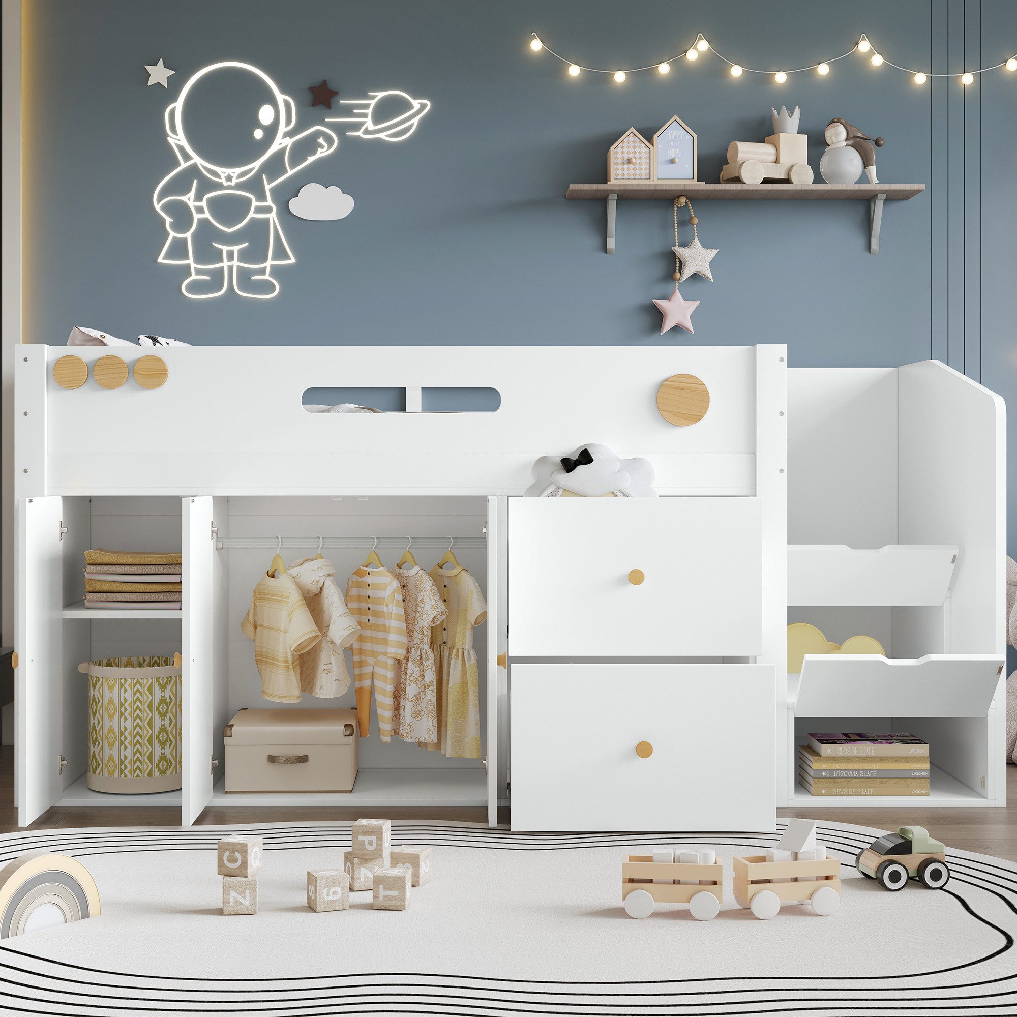 Flieks Hochbett Kinderbett 90x200cm mit Kleiderschrank, Schubladen und Stau günstig online kaufen