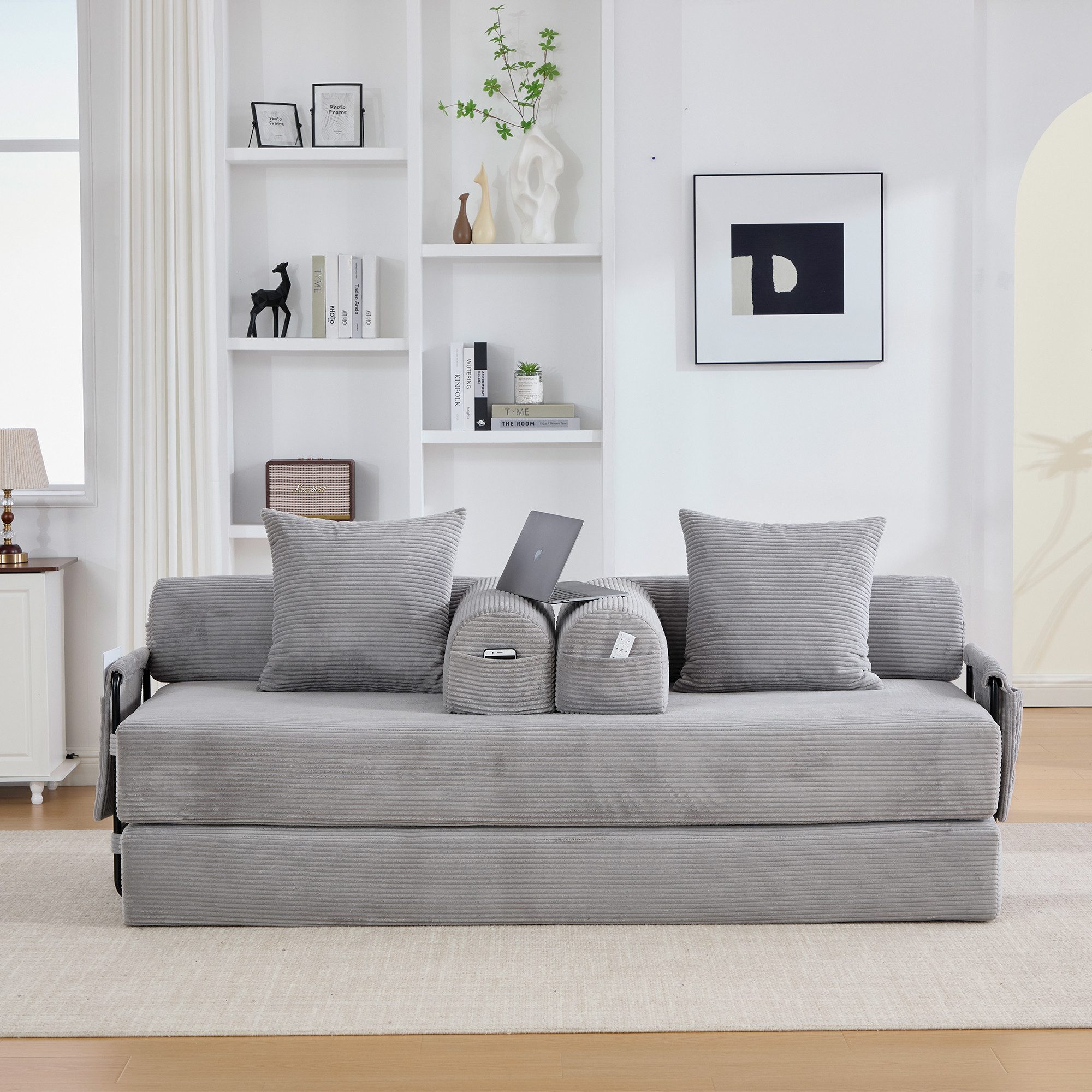 HAUSS SPOLE Loungesessel mit Kissen,Relaxsofa Frei Kombinierbar mit Seitentaschen in Hellgrau (Relaxsofa mit einem stabilen Metallgestell, Kombination aus Stoff, Metall und Kissen), für kleine Räume, Apartments oder Studentenwohnungen