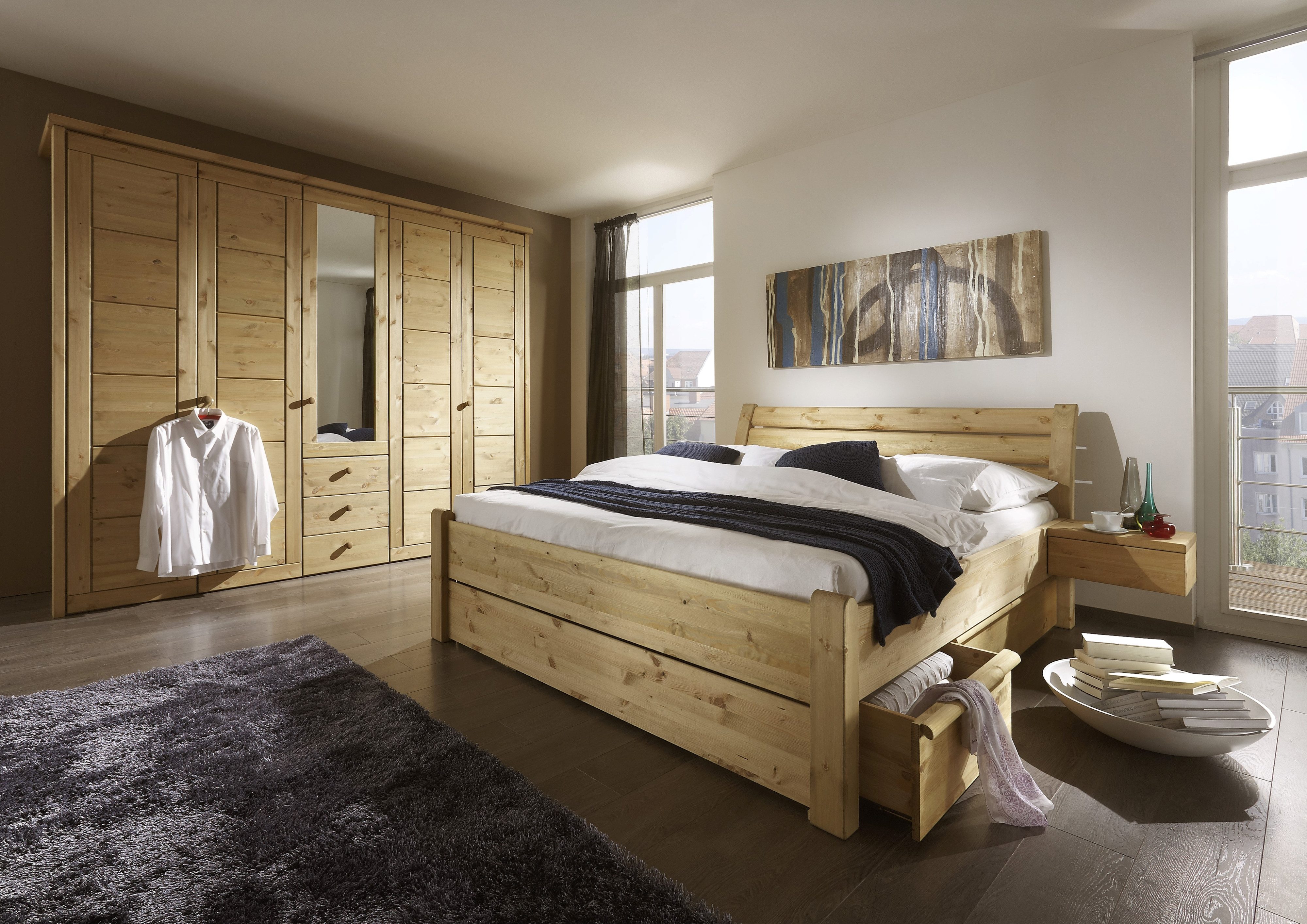Wohnglücklich Massivholzbett Vita (weiß oder holzfarben), Stauraum, Schubladen
