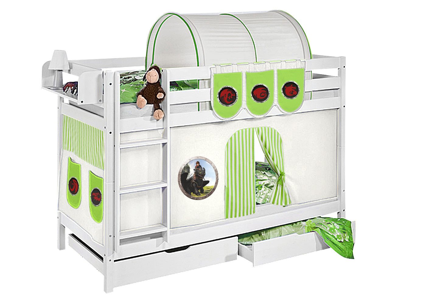 Lilokids Etagenbett JELLE Dragons - Hochbett - weiß - inkl. Vorhang und 2 Lattenrosten