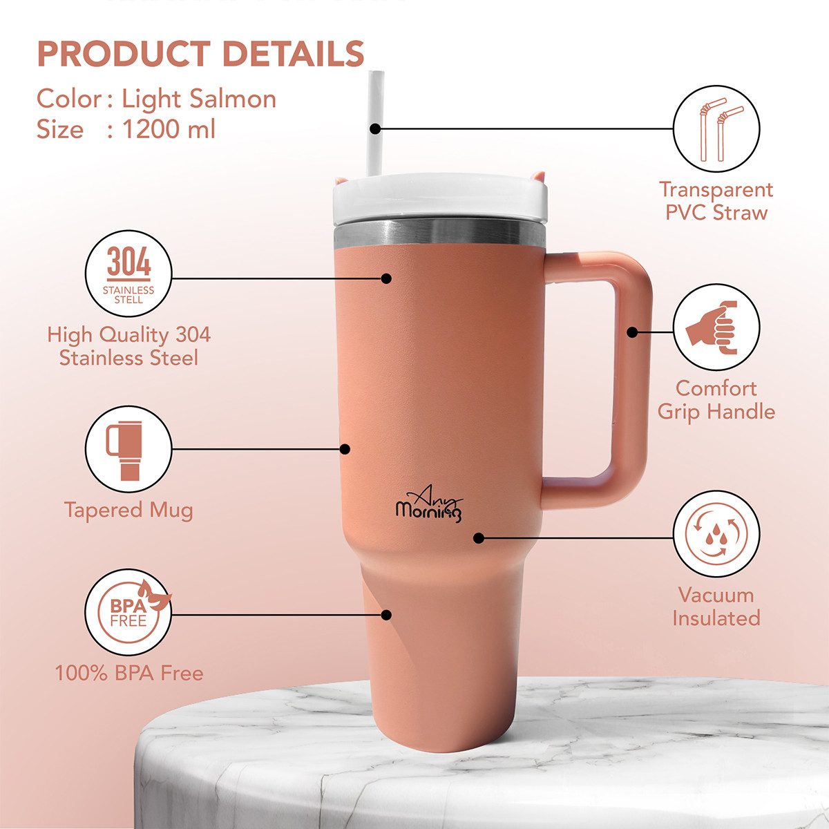 ANY MORNING Thermobecher Any Morning XL Edelstahl Thermosbecher – 1200 ml, Lachsfarben, extra l – Bild 2 von 5