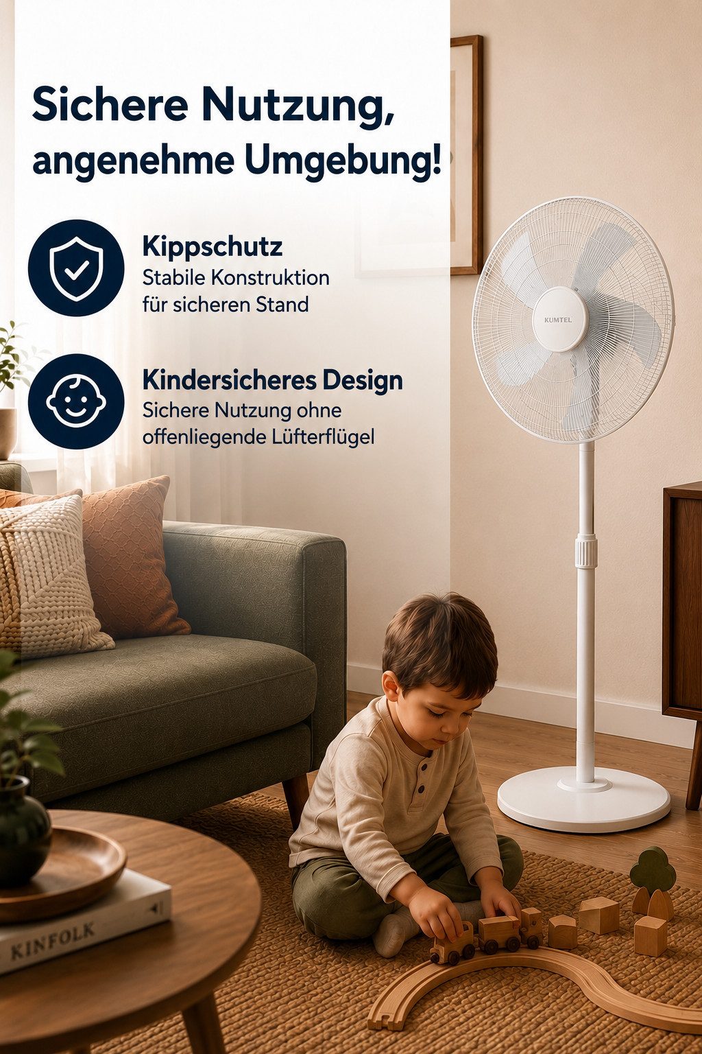 KUMTEL Standventilator KTF-350, 50 W, oszillierend, 5-Blatt-Rotor, geräuscharmer Betrieb
