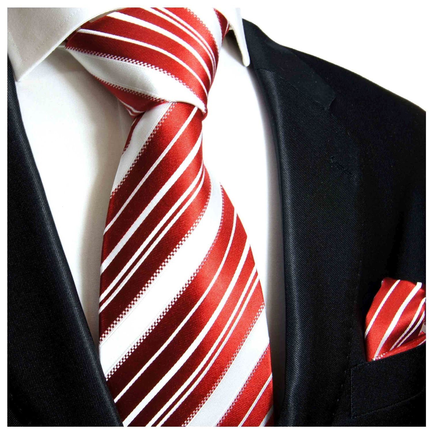 2-St., und 445 Krawatte Paul (Set, Seidenkrawatte modern Tuch gestreift (8cm), weiß Einstecktuch) Schlips Krawatte Seide Herren 100% Malone rot Breit mit