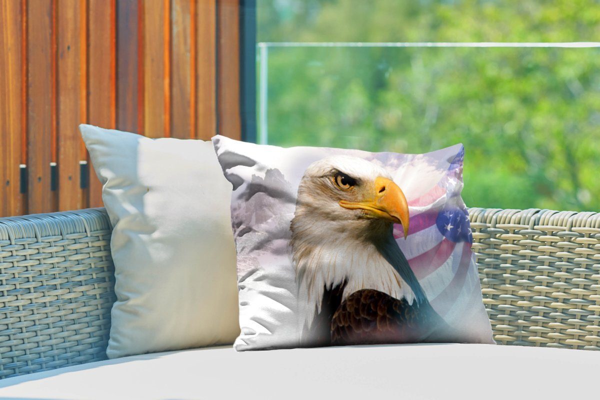 Polyester, einer Ein MuchoWow Outdoor-Dekorationskissen, mit amerikanischen Dekokissen amerikanischer Flagge, Dekokissenbezug, Kissenhülle Weißkopfseeadler