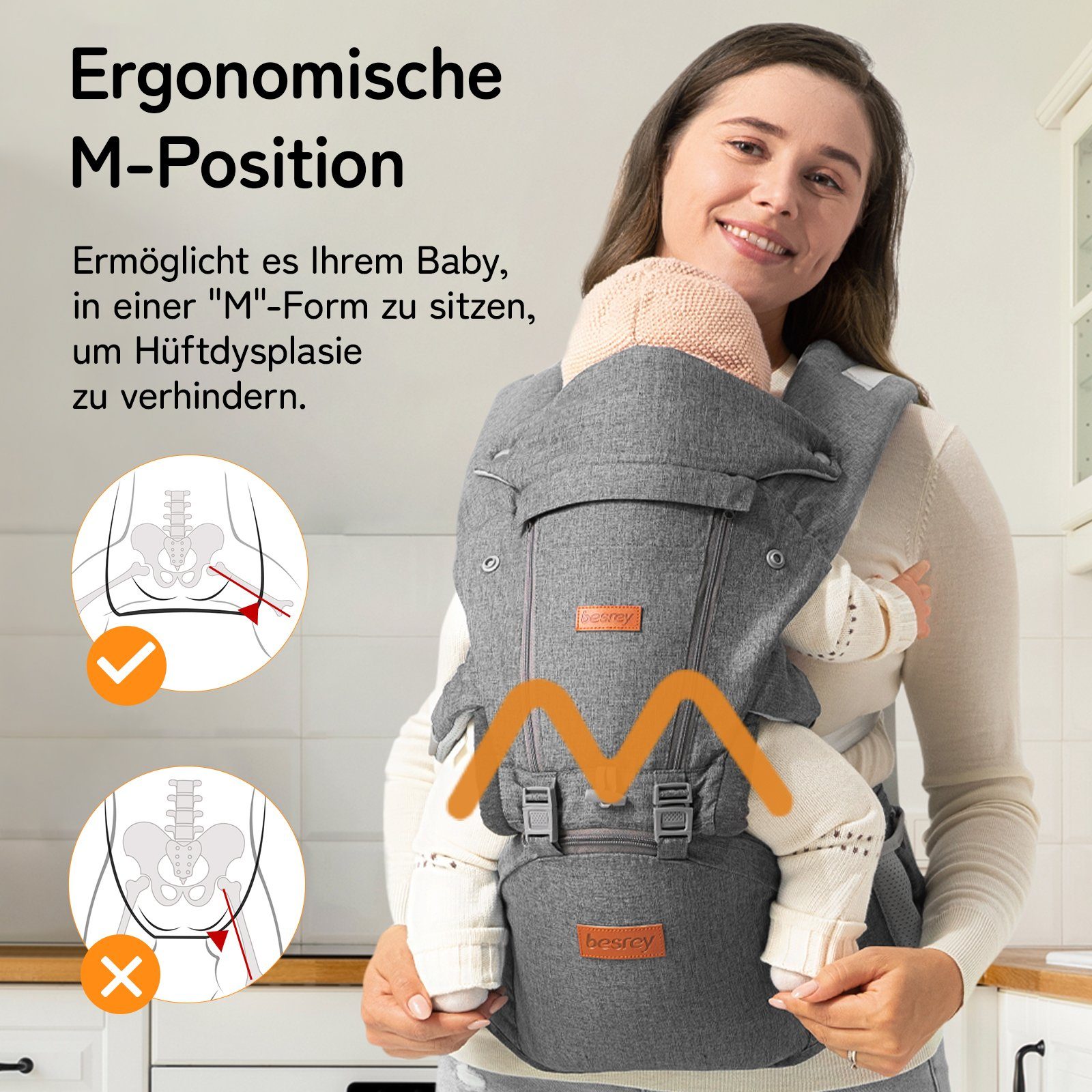 besrey Bauchtrage Babytrage mit Hüftsitz Bauchtragen & Rückentrage, Ergonomisches Babytrage für Babys & Kleinkinder (3,5-20 kg)
