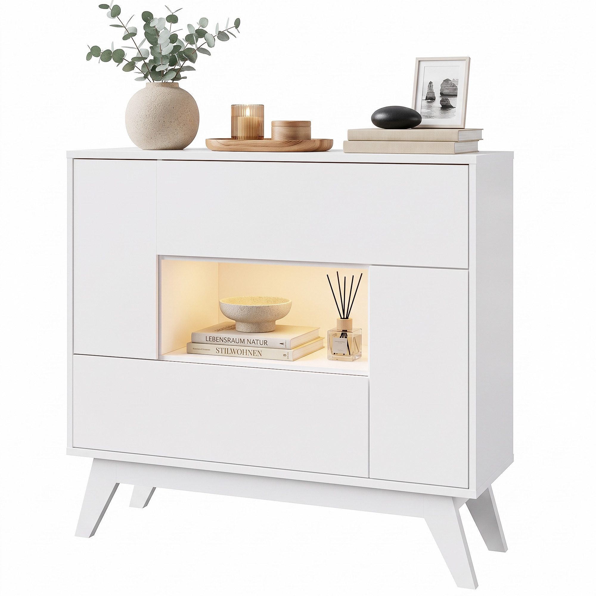 OYRREU Schuhkommode Geometrisches Rechteck-Design Sideboard mit LED, modern (Kommode, Anrichte, Schrank, Sideboard 2 Klappen, 2 Türen, Flur, Wohnzimmer, Küche, Eingangsbereich), Schuhregal Breite 100 cm