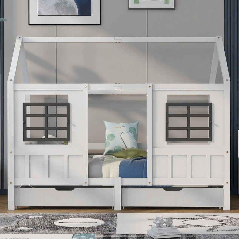 REDOM Kinderbett Einzelbett Tagesbett Hausbett mit 2 Schubladen (weiß (200x90cm), Kinderbett mit 2 Fenstern, Stabiler und sicherer Hausrahmen