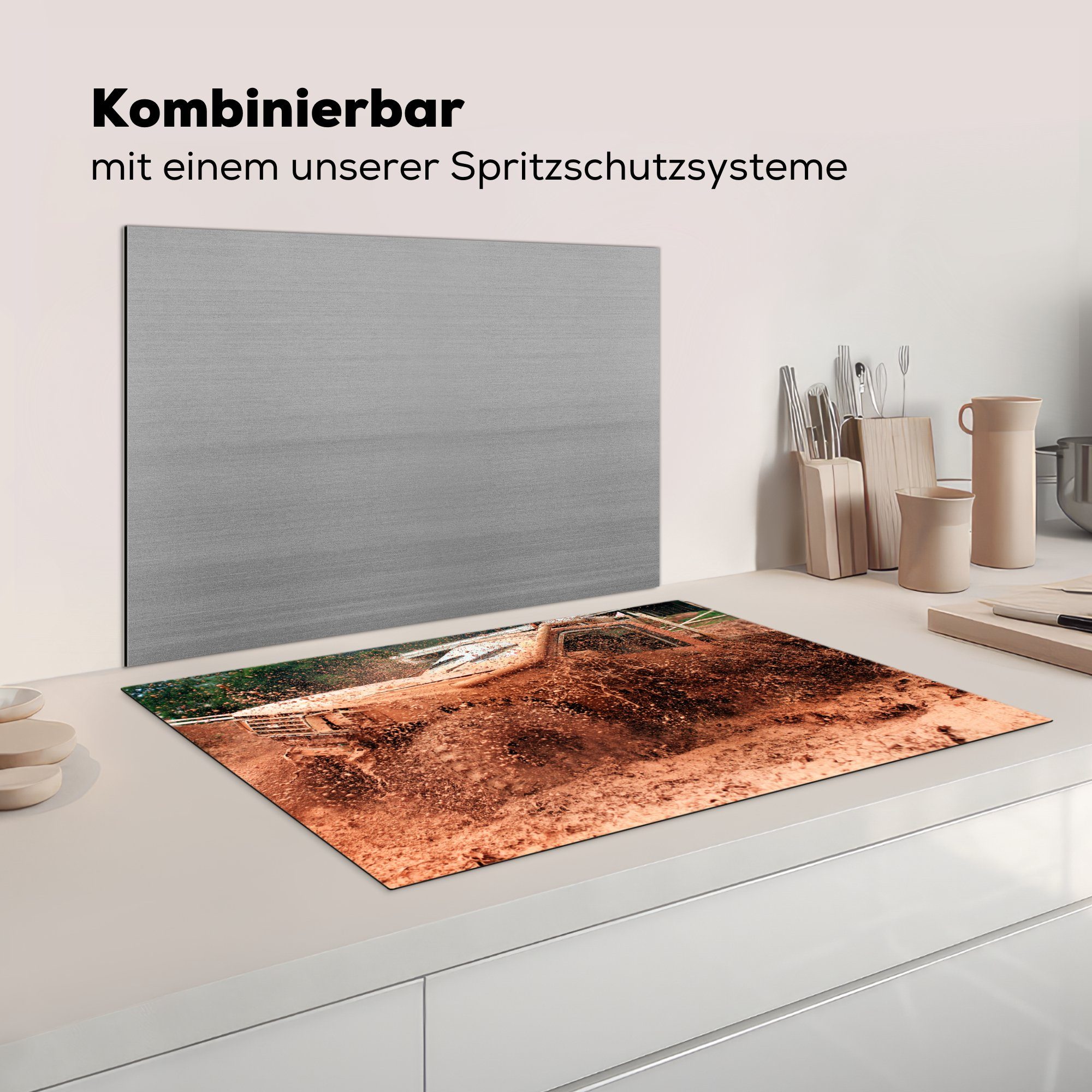 MuchoWow Herdblende-/Abdeckplatte Induktionskochfeld Schutz für küche, (1 Auto 81x52 cm, tlg), die Ceranfeldabdeckung - Räder, Schlamm - - Rennen Vinyl