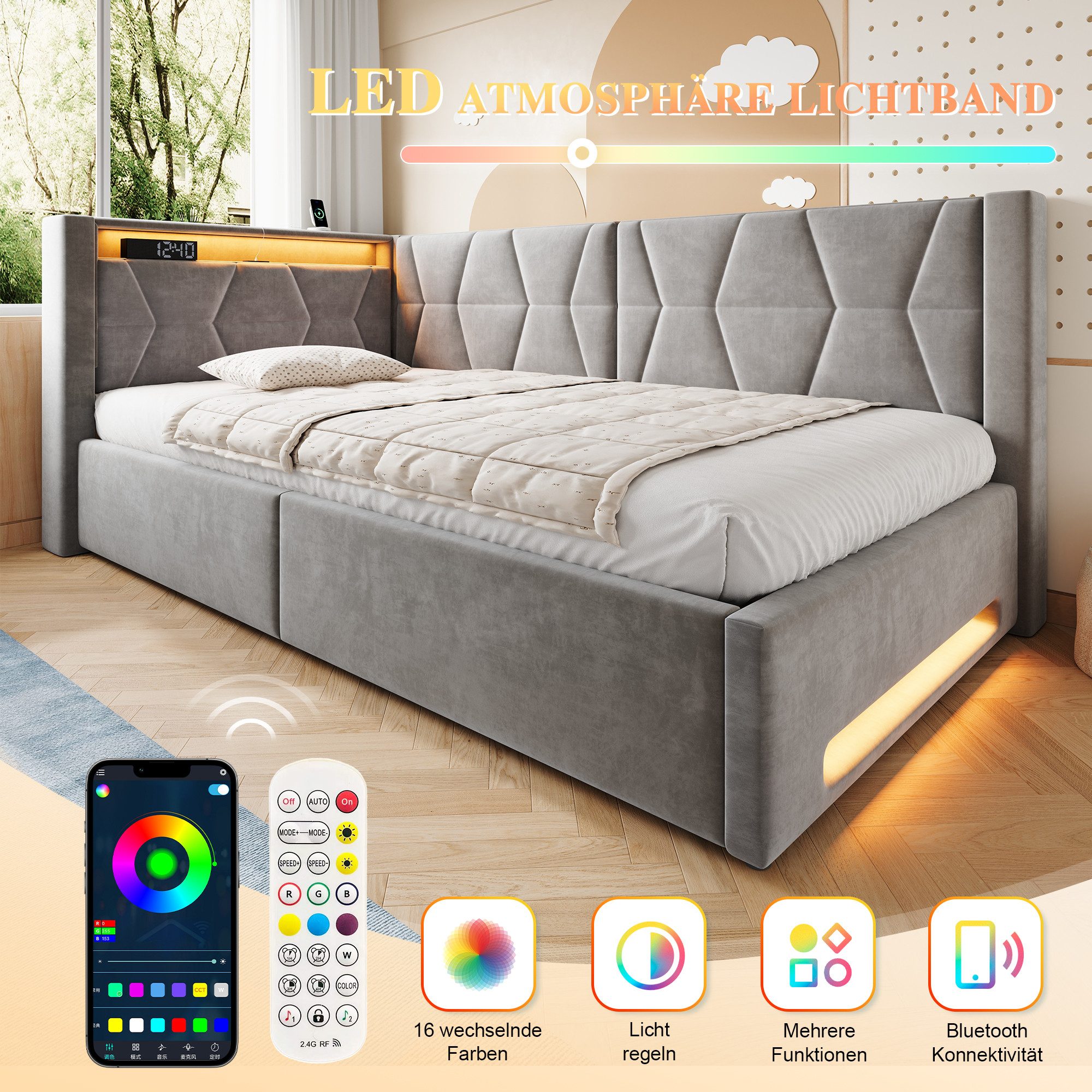 TavilaEcon Polsterbett Samtbett mit LED-Beleuchtung an Kopf- und Fußteil, USB & Type-C (1-tlg), mit Lattenrost, ohne Matratze, 90×200cm, grau – Bild 5 von 5