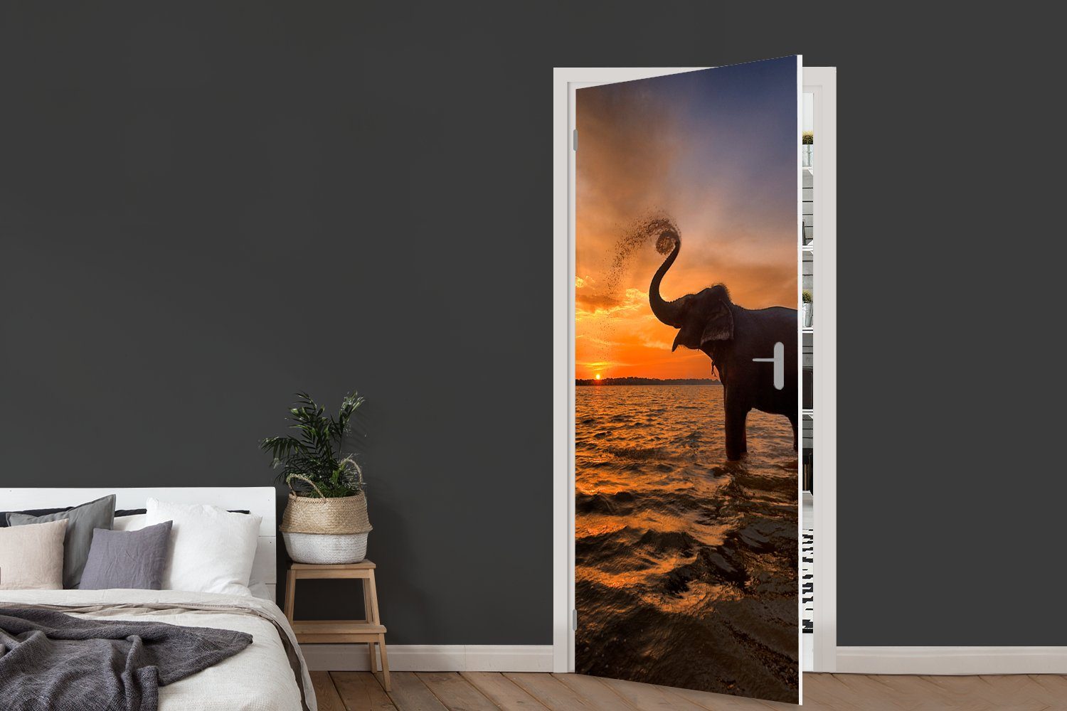 MuchoWow Türtapete Elefant - bedruckt, - 75x205 Tür, Sonnenuntergang cm Tiere - St), Fototapete (1 Matt, für Türaufkleber, Orange, Meer 