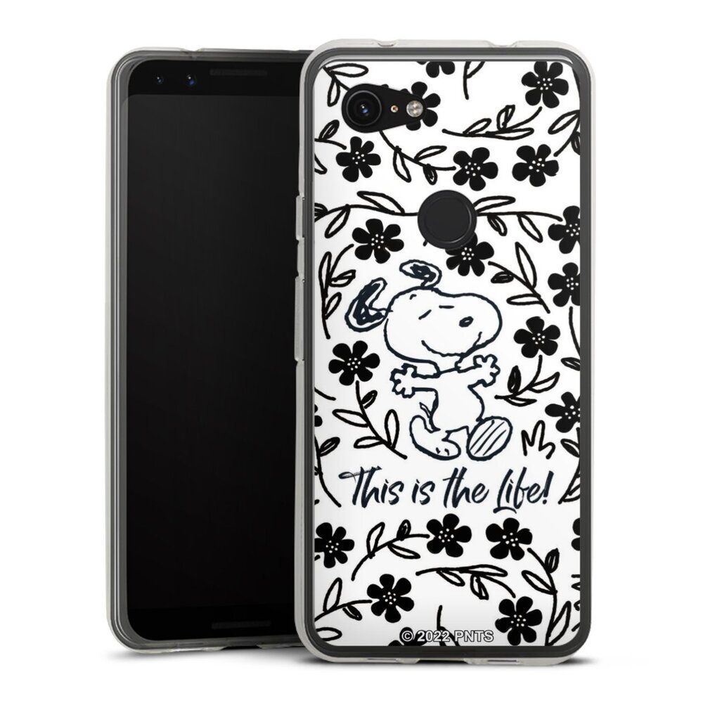 DeinDesign Handyhülle Peanuts Blumen Snoopy Snoopy Black and White This Is The Life, Google Pixel 3a Silikon Hülle Bumper Case Handy Schutzhülle