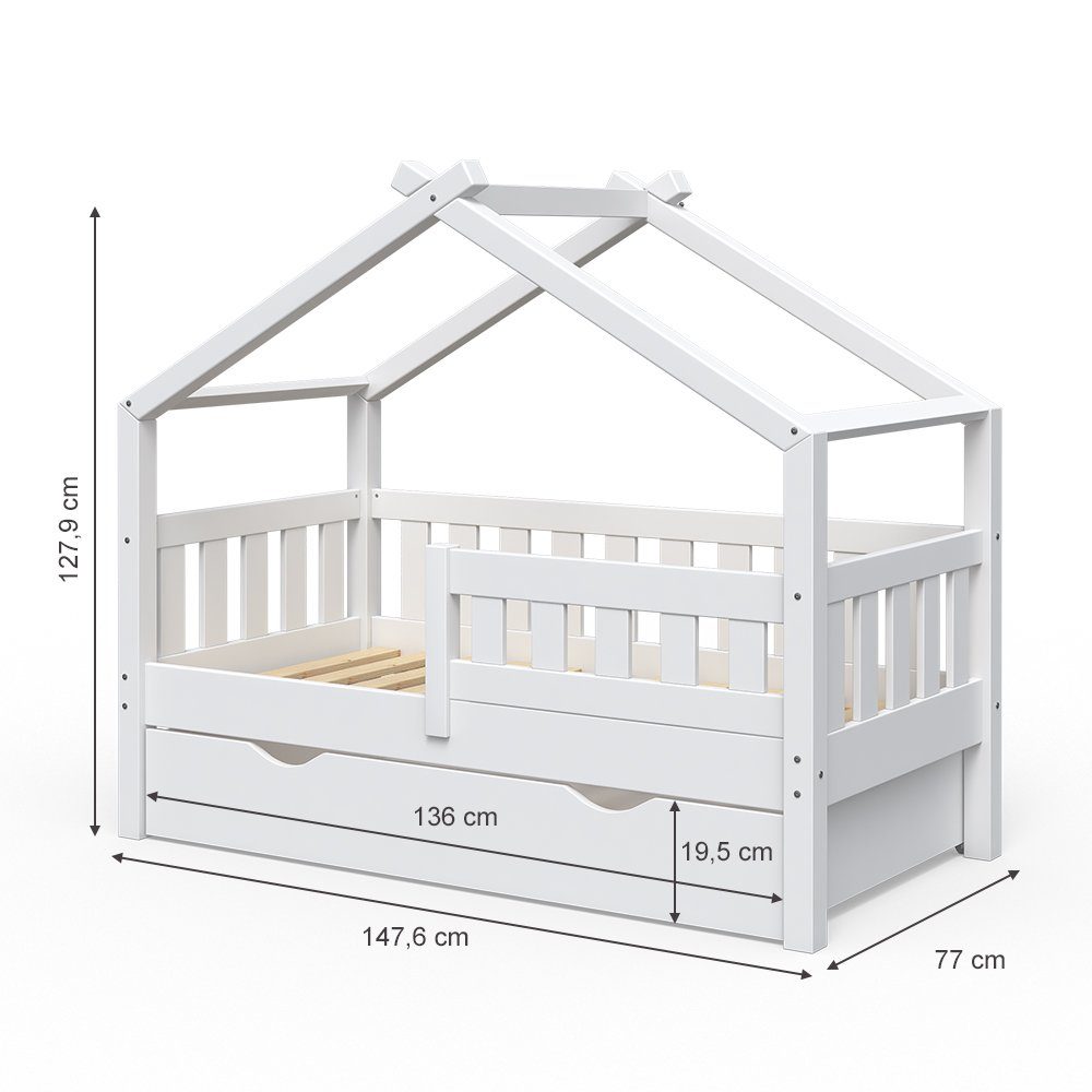 VitaliSpa® Hausbett Design, Weiß, 70x140 cm mit Schublade (2-tlg)