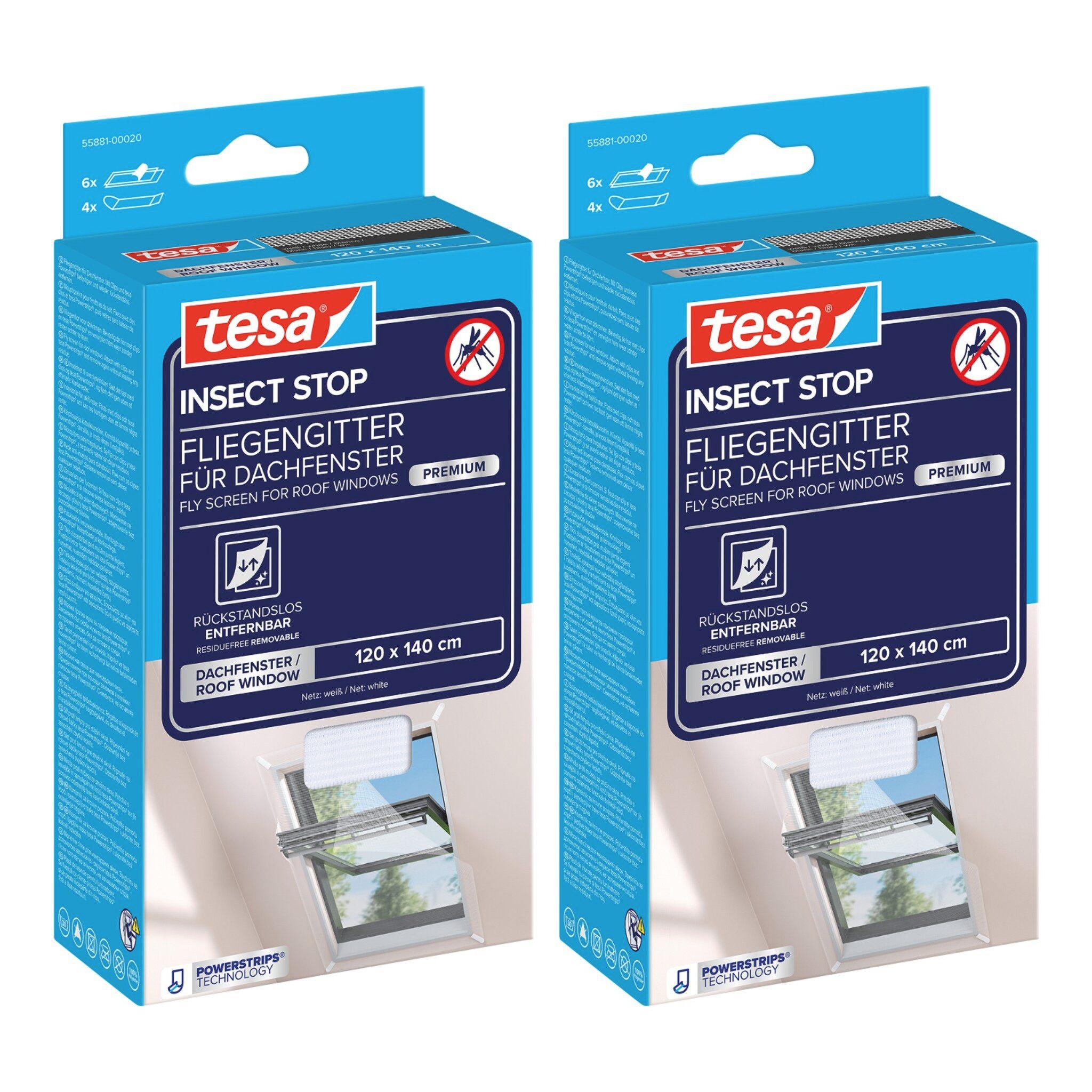 tesa Fliegengitter-Gewebe Fliegengitter für Dachfenster Premium Fenster, (Spar-Set, 2-St., INSECT STOP 2x 1,20 m x 1,40 m - Weiß (leichter Sichtschutz), Insektenschutz mit Klettband, rückstandsfrei entfernbar, zuschneidbar