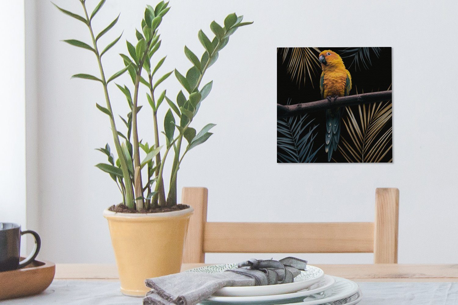 Vogel bunt Leinwand St), - (1 für OneMillionCanvasses® Schlafzimmer Wohnzimmer - Blätter, Papagei Leinwandbild - Zweig Bilder