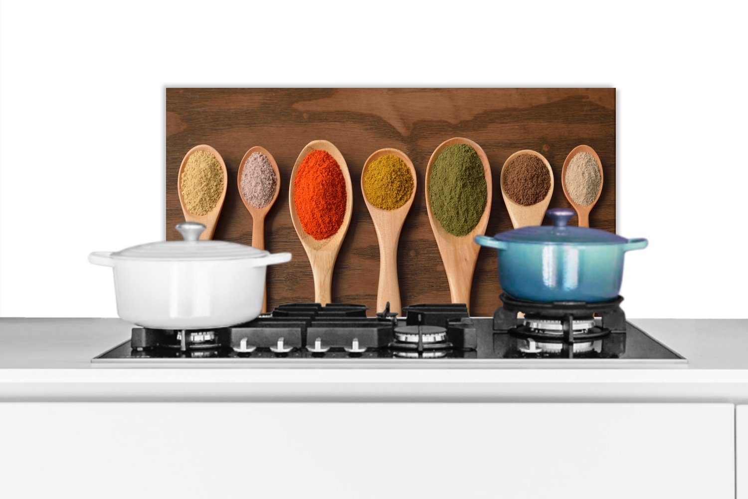 MuchoWow Küchenrückwand Schöpfkelle - Kräuter - Lebensmittel - Gewürze - Tisch, (1-tlg), 60x30 cm, Wandschutz, gegen Fett und Schmutzflecken für Küchen