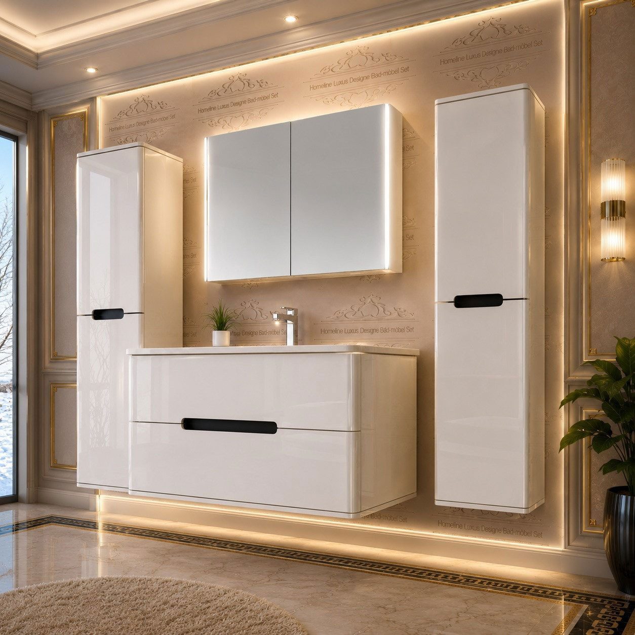 Homeline Badmöbel-Set Bad Möbelset Badezimmer Möbel Hochglanz 90 cm Eiche / Weiß Schwarz, (Spar-Set, 5-St., Fünfteiliges Set), Spiegelschrank mit Keramikbecken, Hochglanz