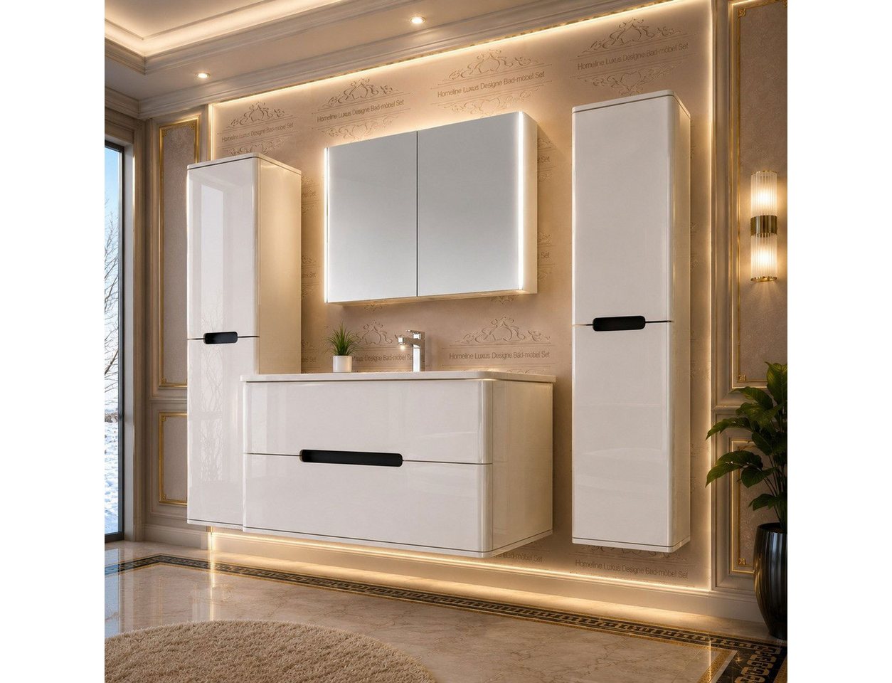 Homeline Badmöbel-Set Bad Möbelset Badezimmer Möbel Hochglanz 90 cm Eiche / Weiß Schwarz, (Spar-Set, 4-St., Fünfteiliges Set), Spiegelschrank mit Keramikbecken, Hochglanz