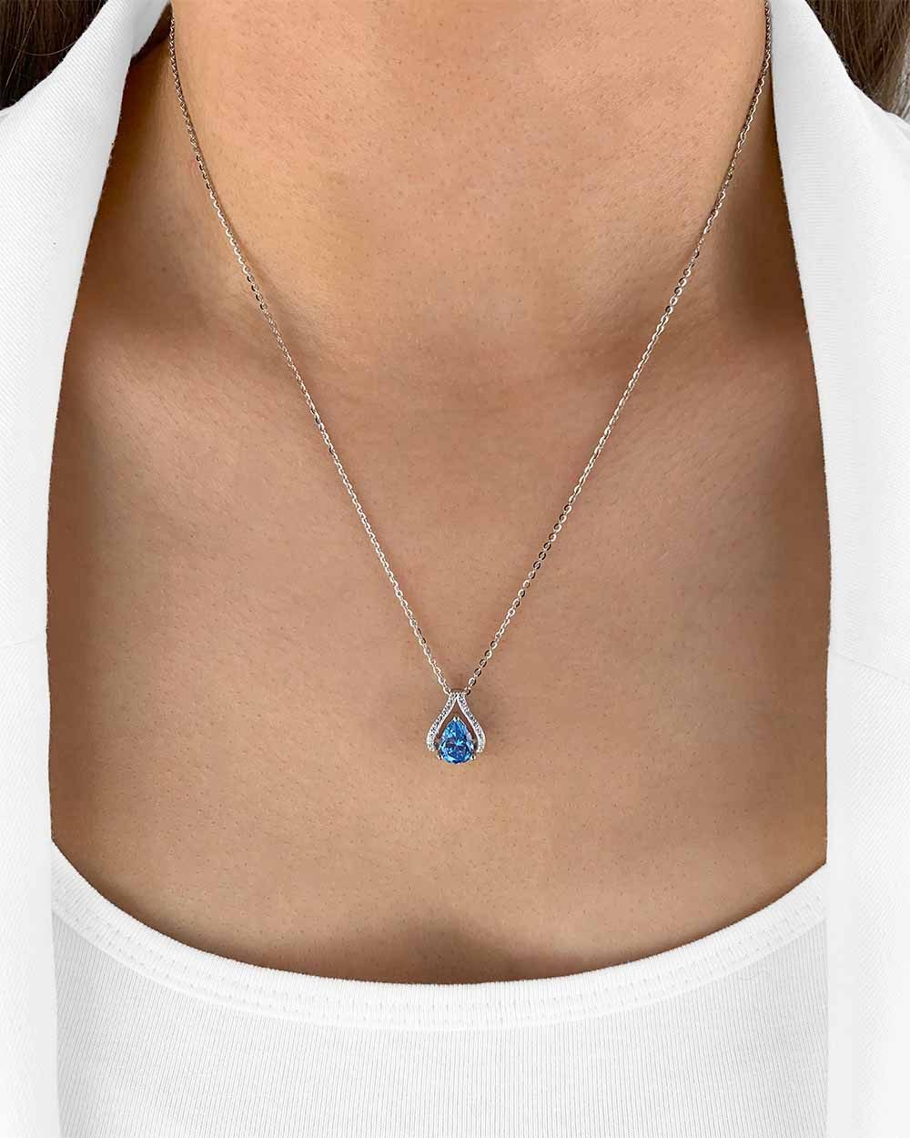 DANIEL CLIFFORD Kette mit Anhänger 'Inara' Damen Halskette Silber 925 Kristall Anhänger Tropfen blau (inkl. Verpackung), größenverstellbare Silberkette 45cm, tropfenförmiger Anhänger blau