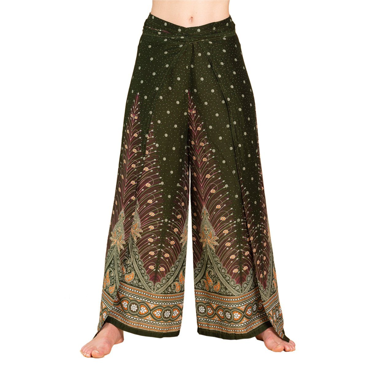 PANASIAM Relaxhose Sunshine Pants Wickelhose aus natürlicher Viskose Palazzohose im Peacock Design langer Boho Hosenrock Haremshose Pareo Hose