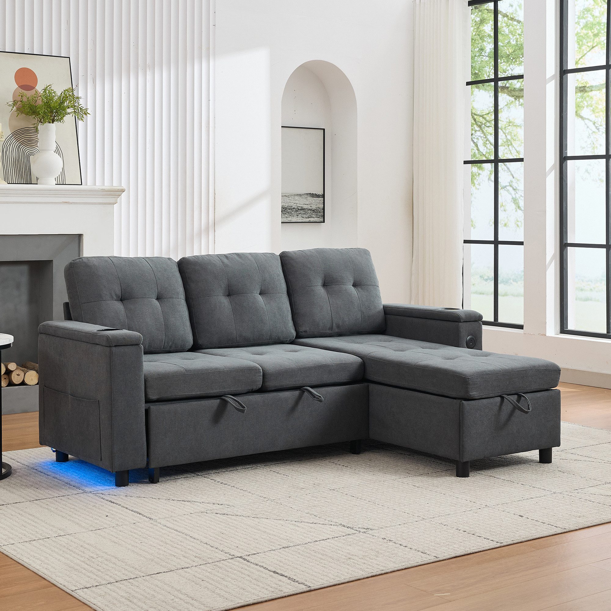 Odikalo Ecksofa Eckcouch mit Schlaffunktion LED und Stauraum, L Form, Dreisitzer-Schlafsofa,Klappsofa mit verstecktem Stauraum,Ambiente-Sofa mit LED-Lichtleiste,Ecksofa Treviso,L-förmiges Sofa