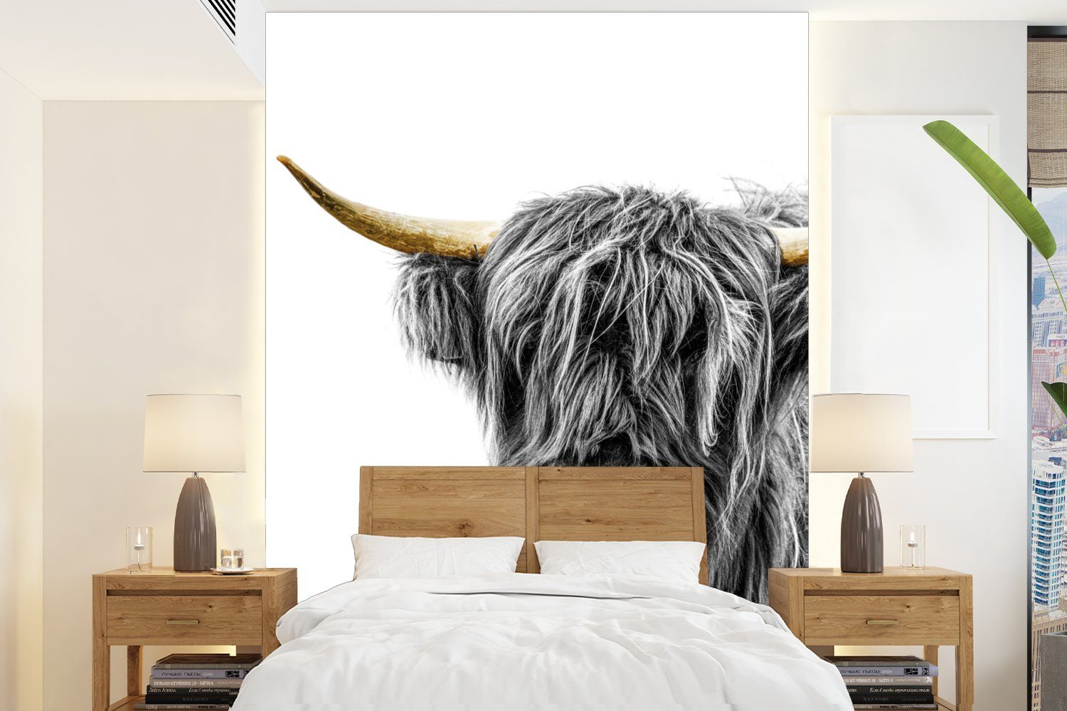 Wohnzimmer, Montagefertig Vinyl MuchoWow - Fototapete Schwarz St), - bedruckt, Wandtapete Tapete Matt, - Gold, Scottish Highlander für (4 Weiß