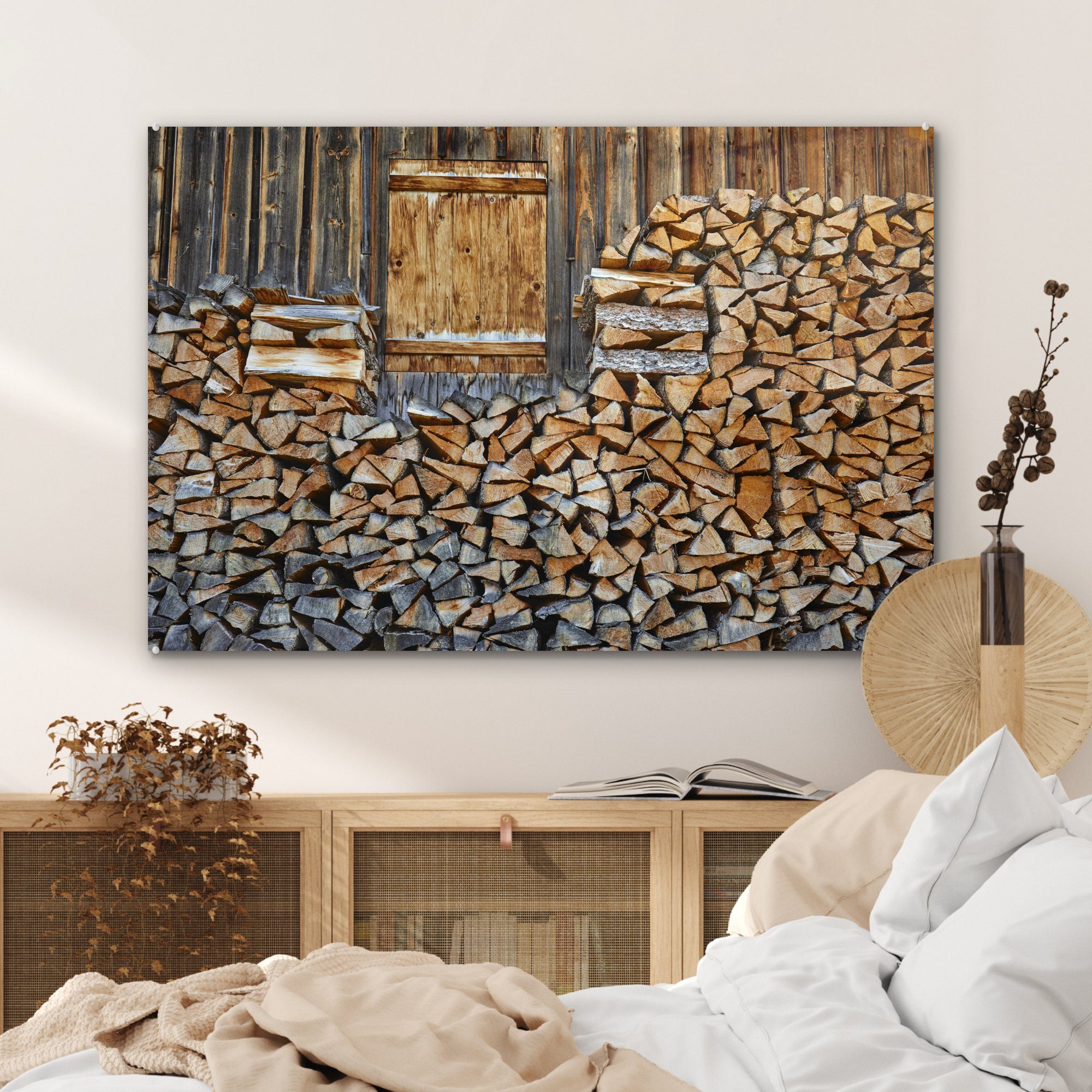MuchoWow eine Wohnzimmer Brennholz Acrylglasbilder Acrylglasbild St), Holzwand, für Schlafzimmer & (1