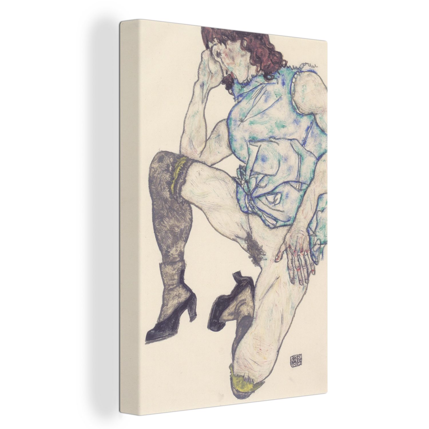 OneMillionCanvasses® Leinwandbild Kniendes Mädchen - Gemälde von Egon Schiele, (1 St), Leinwandbild fertig bespannt inkl. Zackenaufhänger, Gemälde, 20x30 cm