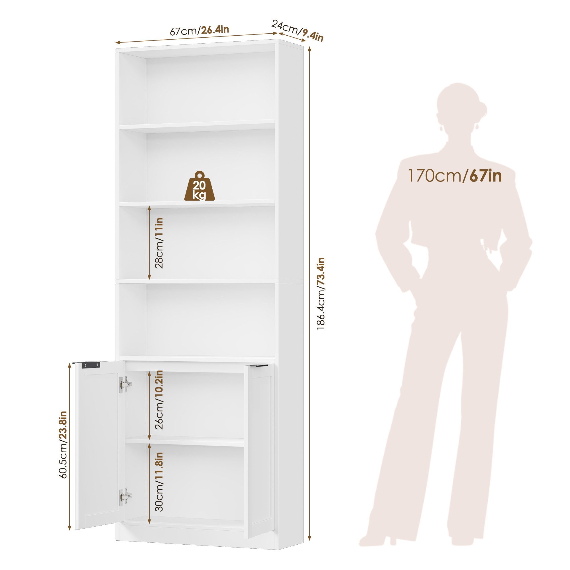 Homfa Bücherregal mit 6 Ebenen Bücherschrank Standregal mit Tür Eckregal weiß, Hochschrank, Billy Regal für Wohnzimmer Homeoffice, 67x24x186,4 cm